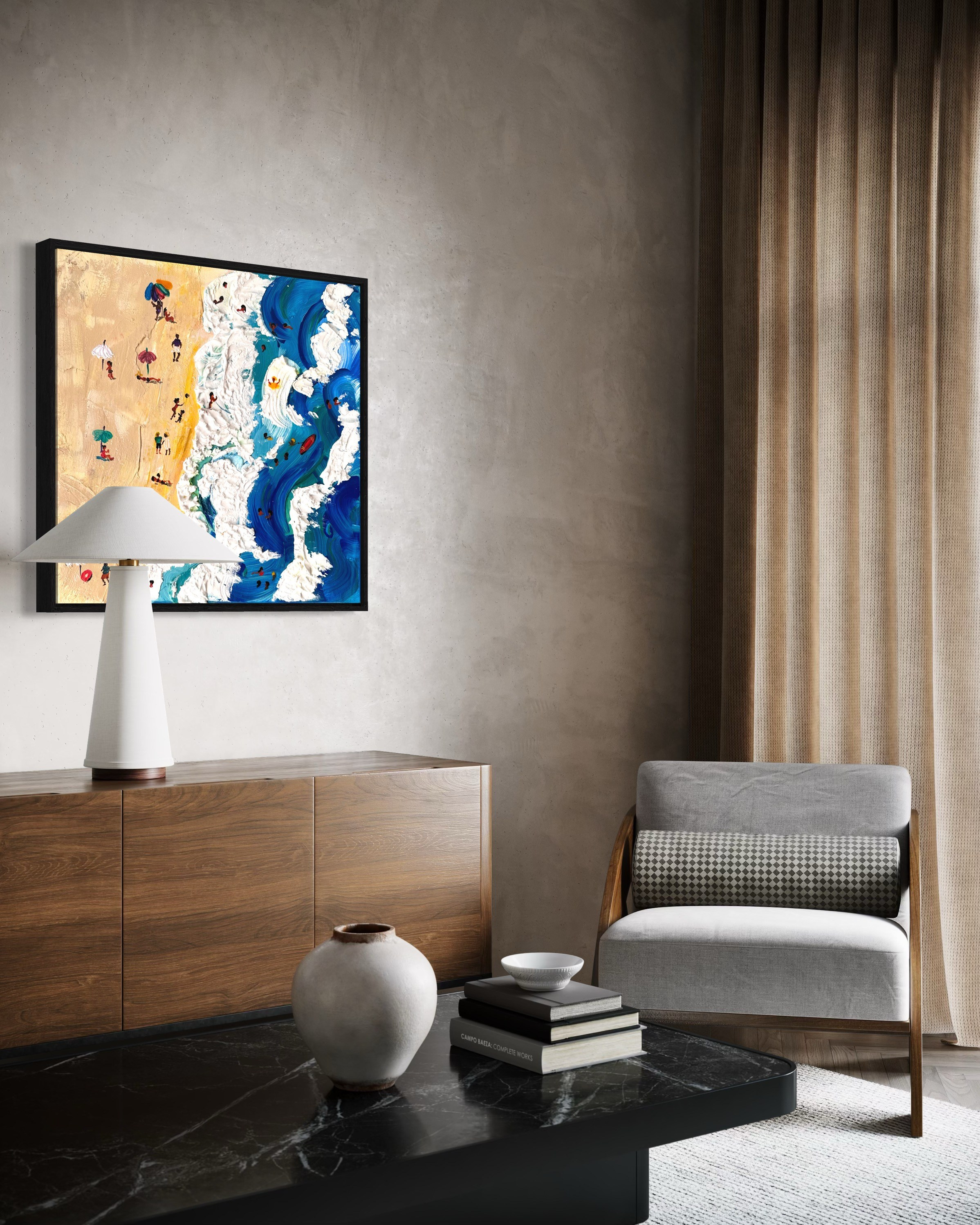 текстурная паста, пляж, море, волны, лето, зонтики, фактура, динамика, интерьерная живопись, морская тема.