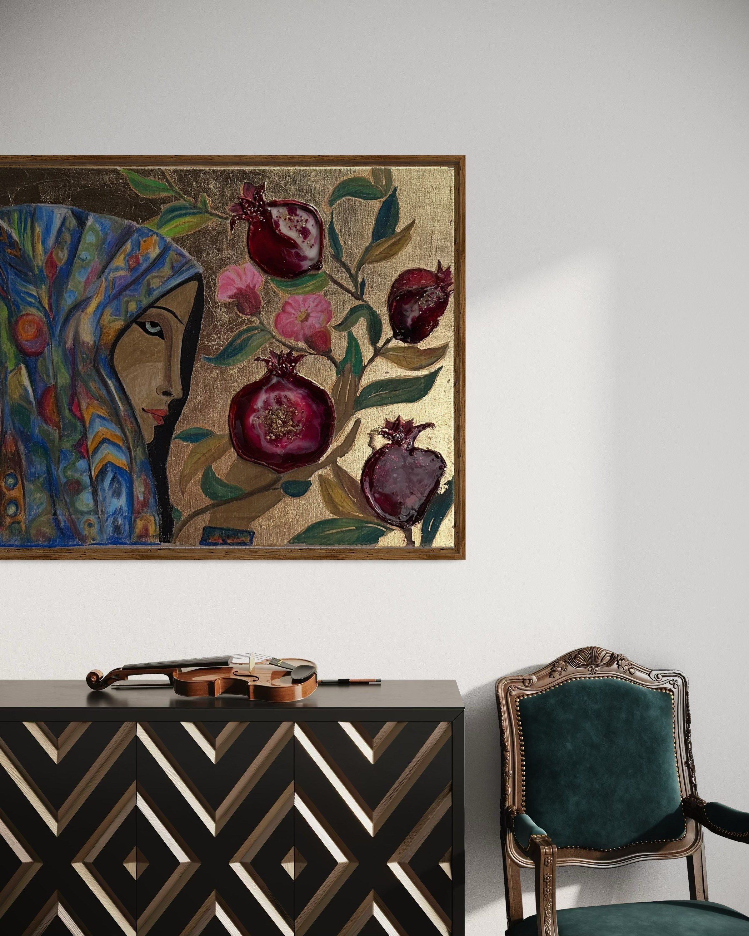 смешанная техника, пастель, поталь, эпоксидная смола, золото, Восток, гранаты, символизм, женский портрет, традиции, интерьерная живопись.