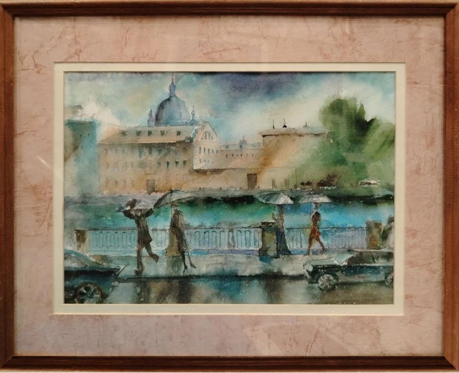 Город, виды Санкт-Петербурга, акварель, Фонтанка, зонтики,Троицкий собор