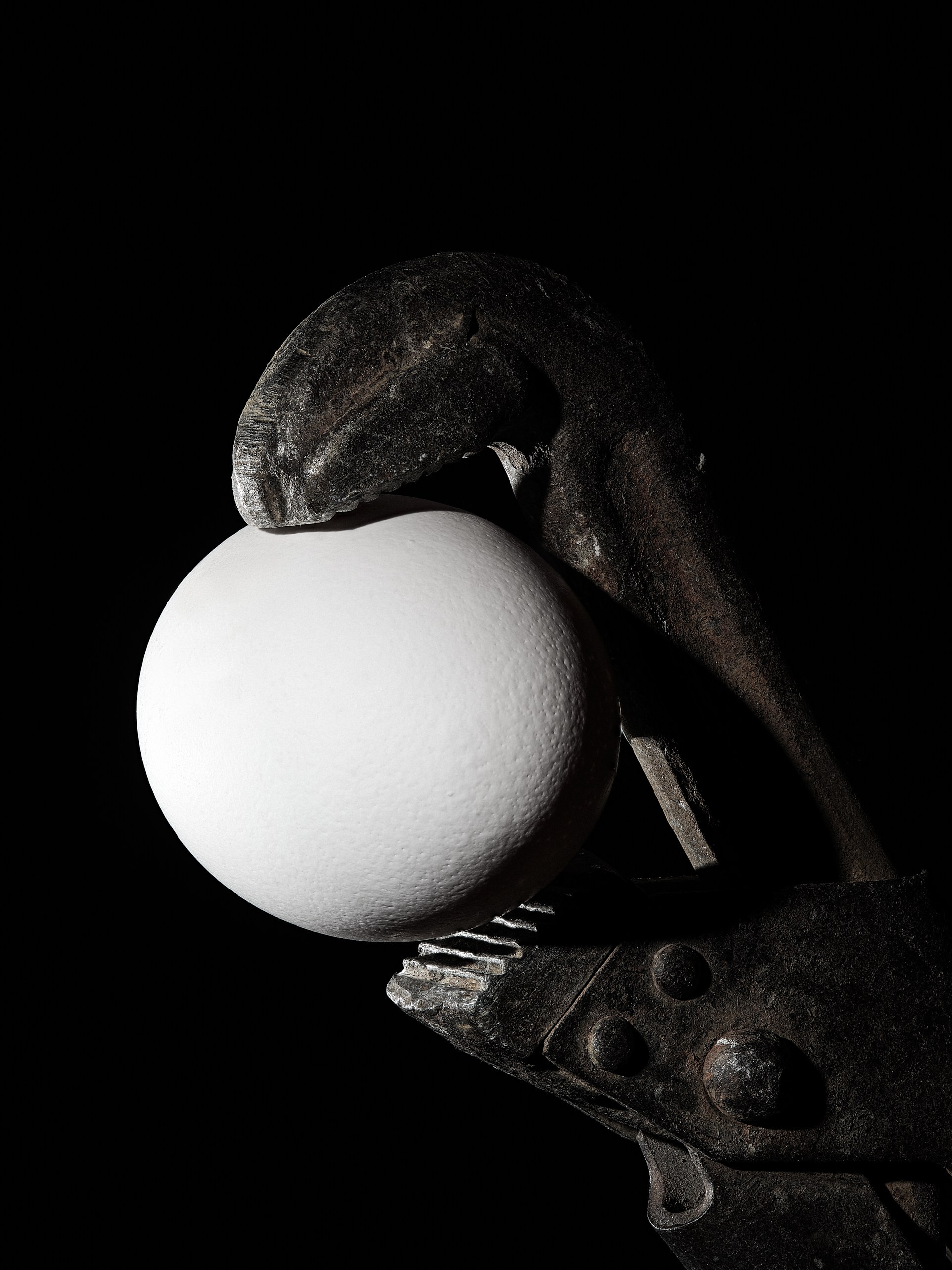 Яйцо, зажатое разводным ключом на чёрном фоне, серия CONTACT, авторская арт-фотография