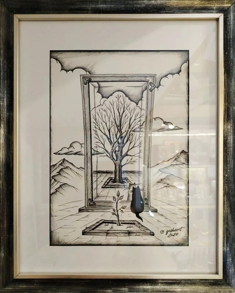 Графика, кот, пейзаж, город