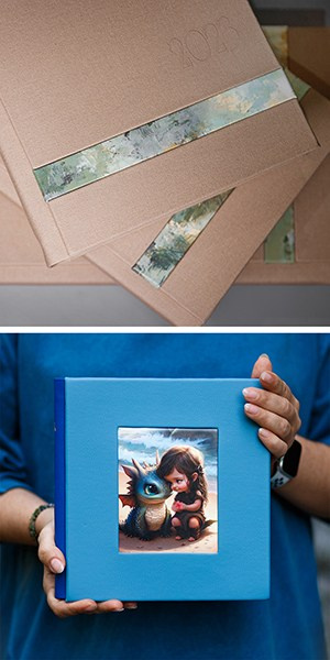 Текстильная фотокнига с художественной вставкой на обложке и ярко-голубой альбом с объемным фото-окном в руках мастера.