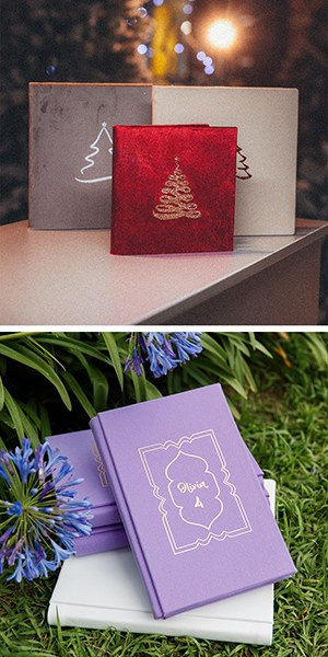 Новогодние подарочные фотокниги из красного и серого бархата и серия сиреневых текстильных альбомов с золотым фольгированием с днём рождением девочки.