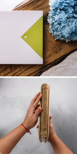 Верхнее фото: вид сверху на фотокнигу с комбинированной обложкой из белой фактурной кожи и ярко-зеленой вставки с маленькой серебряной звездой. Рядом лежит голубая гортензия. Нижнее фото: руки держат книгу за корешок, демонстрируя объем и качественный переплет из бежевой кожи.