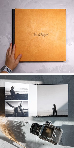 Эксклюзивная фотокнига из горчичной замши с авторским тиснением и пример разворота с качественной печатью черно-белых фотографий.
