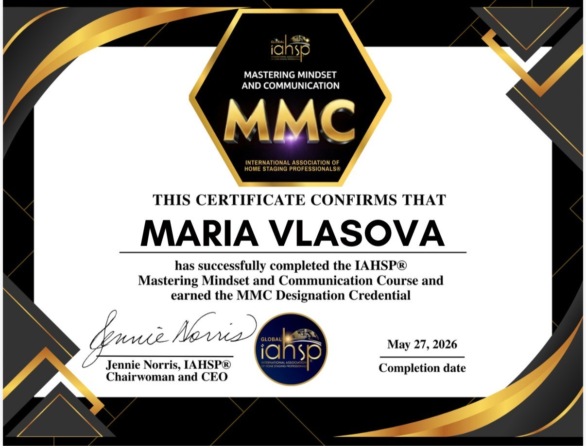 Прошла международную программу IAHSP® Mastering Mindset and Communication и получила квалификацию MMC. Мария Власова — практичные интерьеры для жизни, работы, аренды и продажи