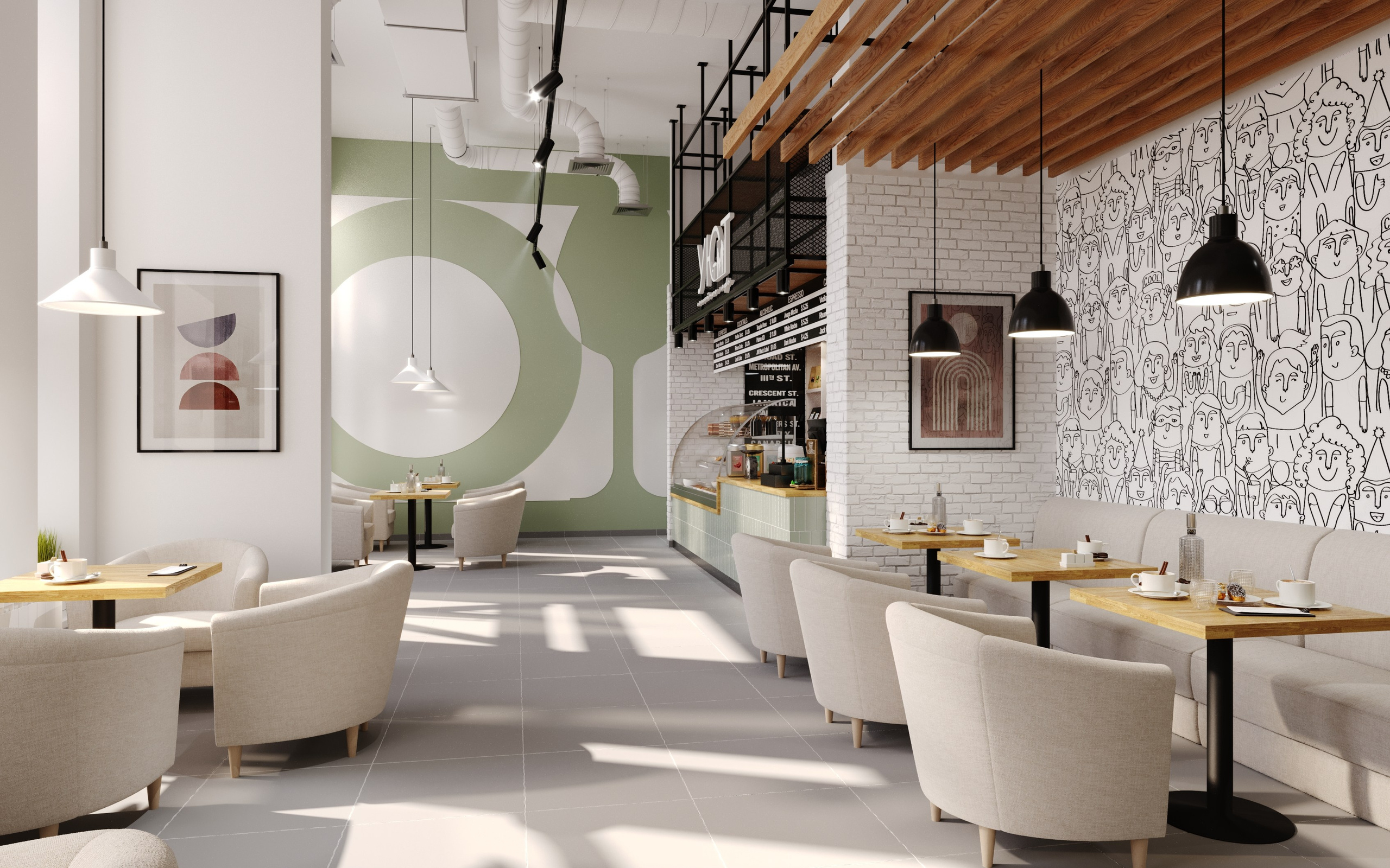 Роспись стен по трафарету привлекает внимание посетителей кафе и обладает шармом