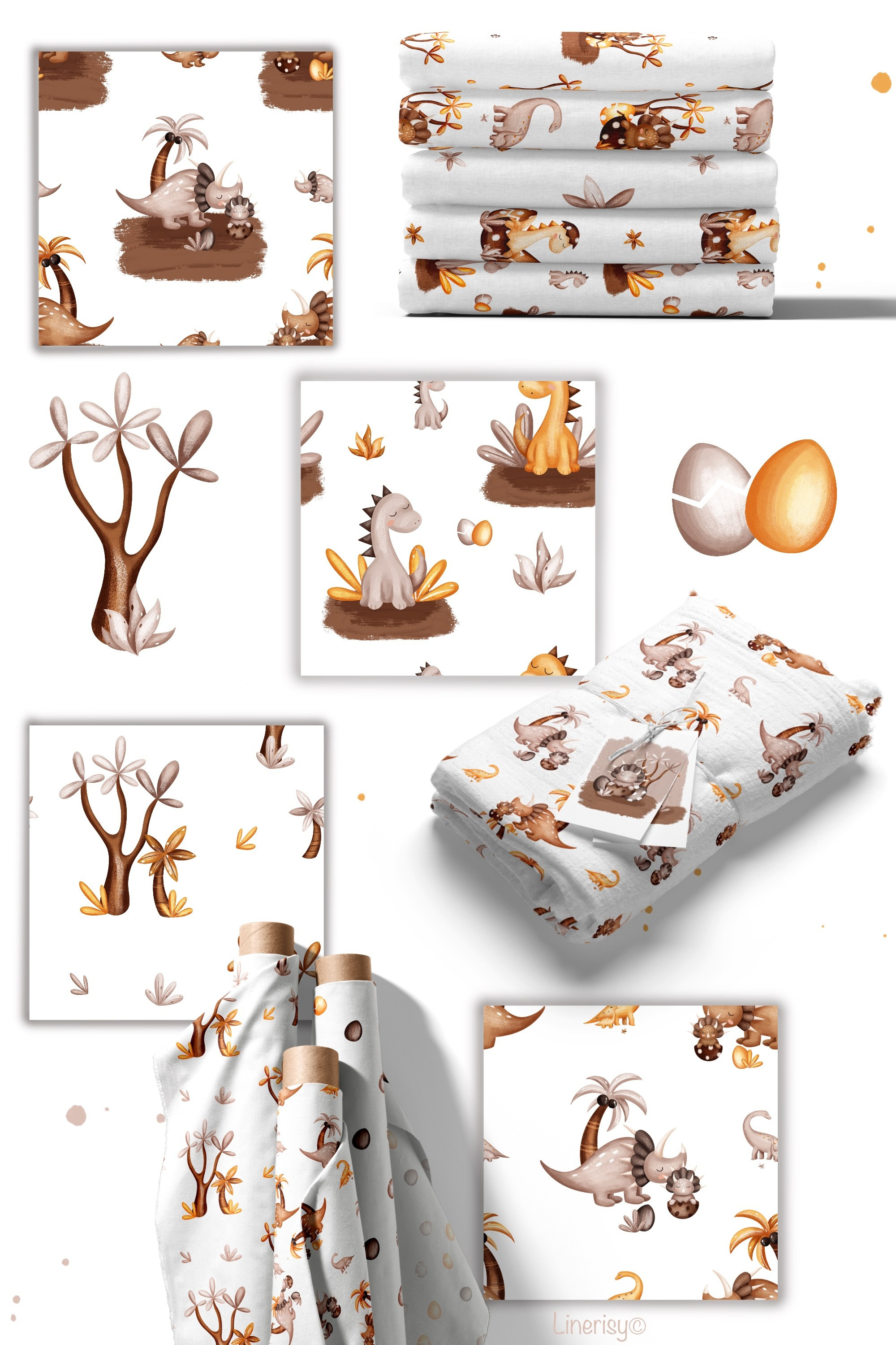 Коллекция «Милые динозавры» — графические иллюстрации, композиции, постеры и бесшовные паттерны. Художник-иллюстратор Евгения Бекренёва