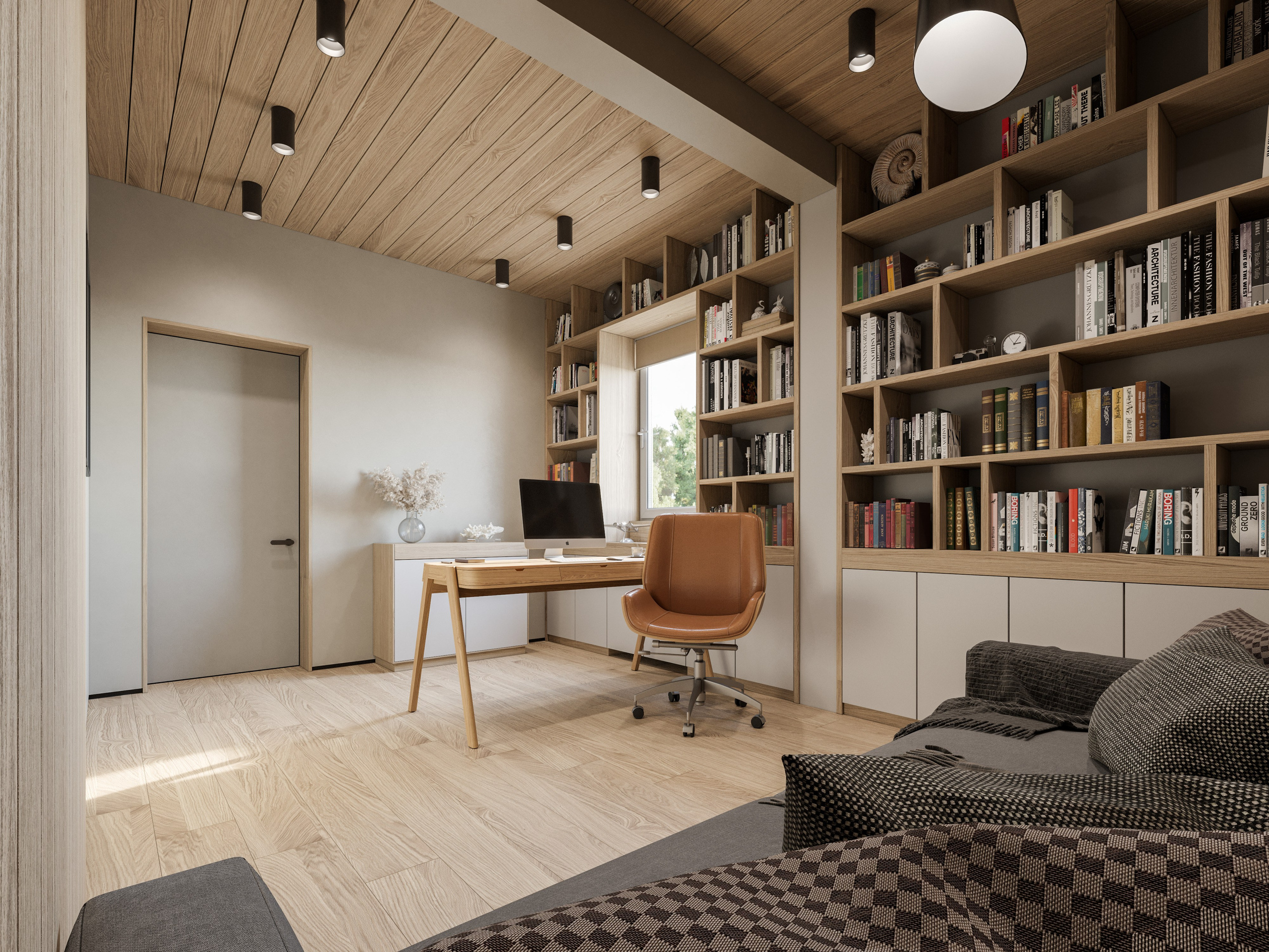 Кабинет с деревянной системой хранения на стене 