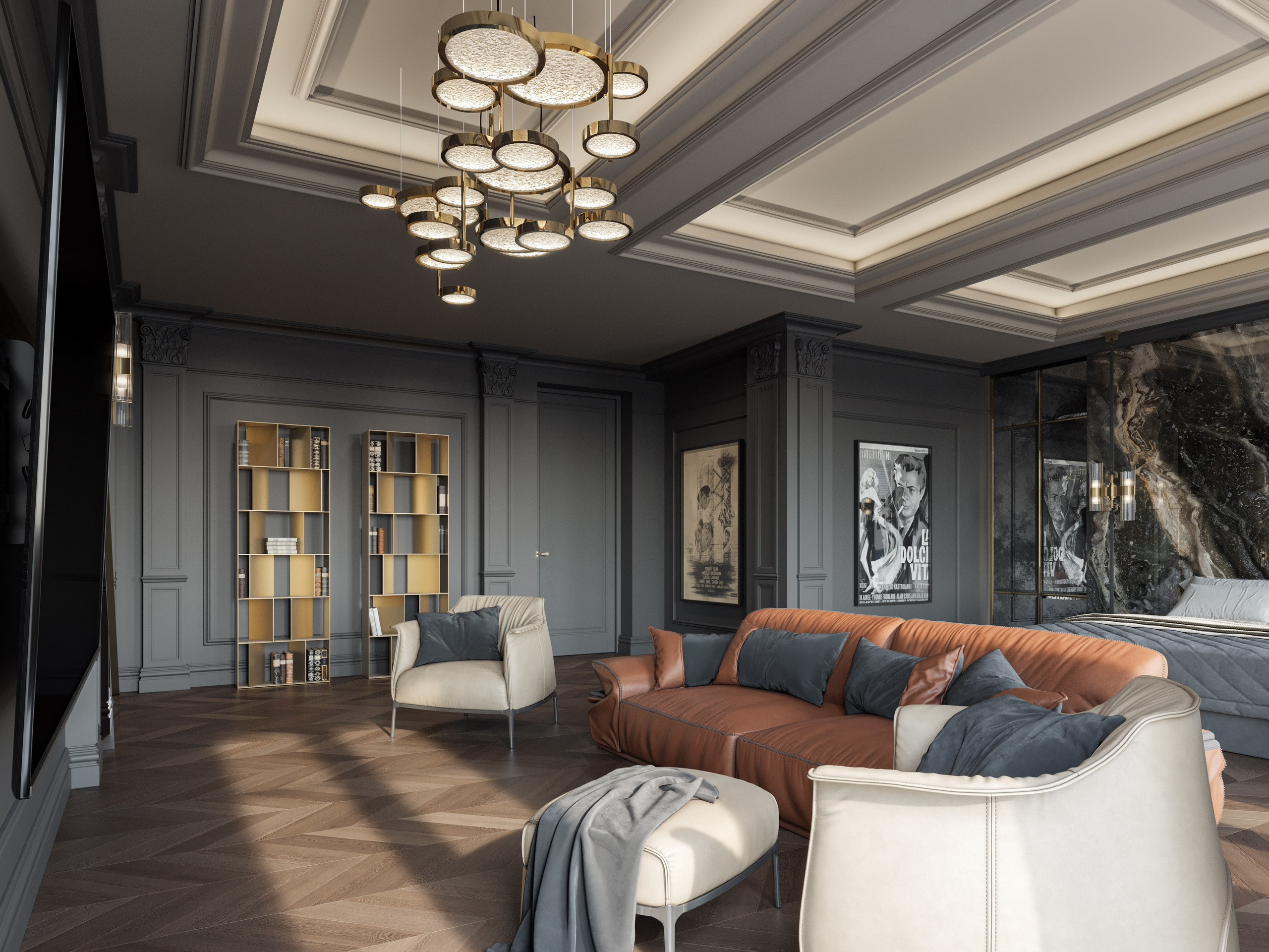 Зона для отдыха с мягким диваном и кресльами в спальной комнате