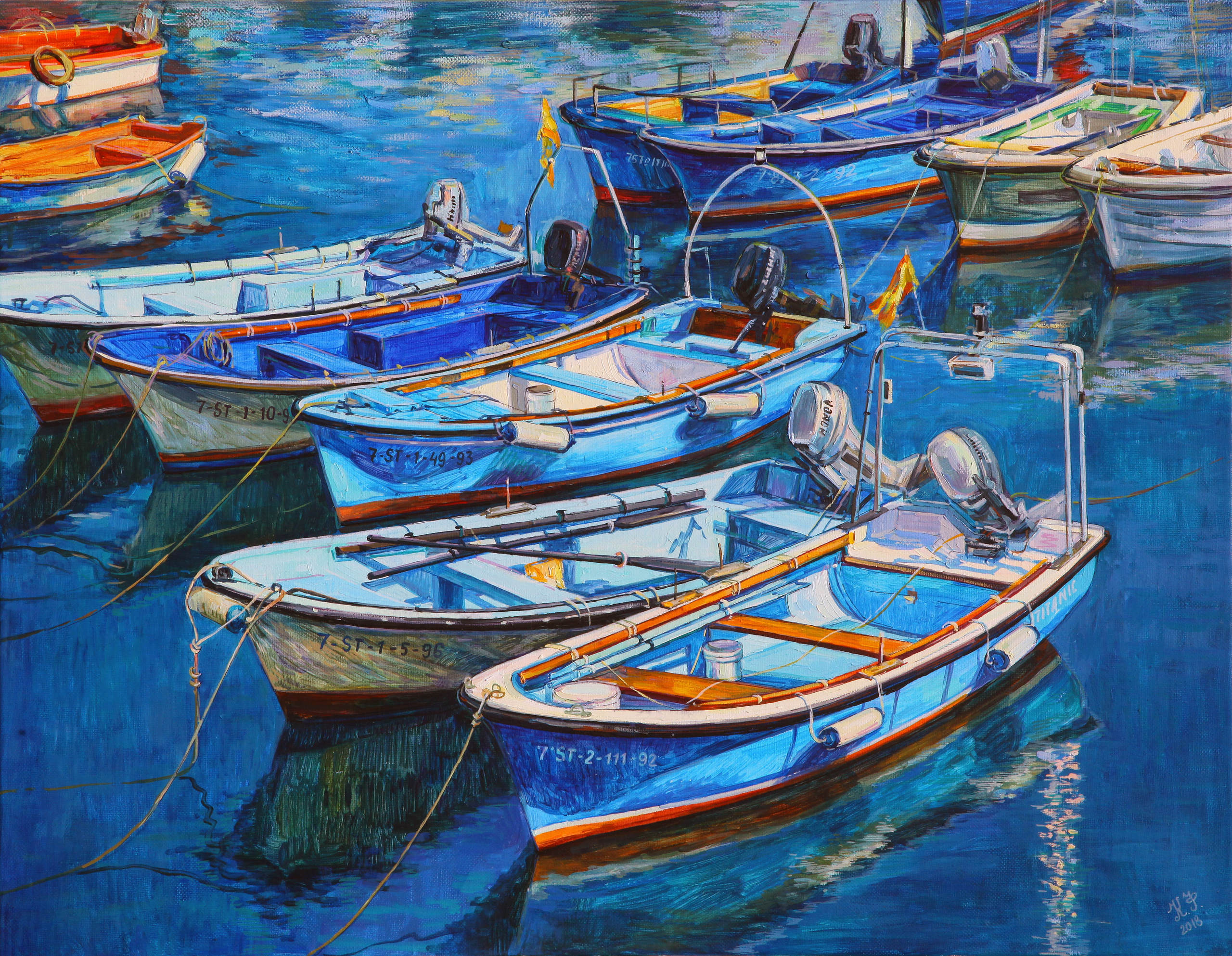 7 blue boats