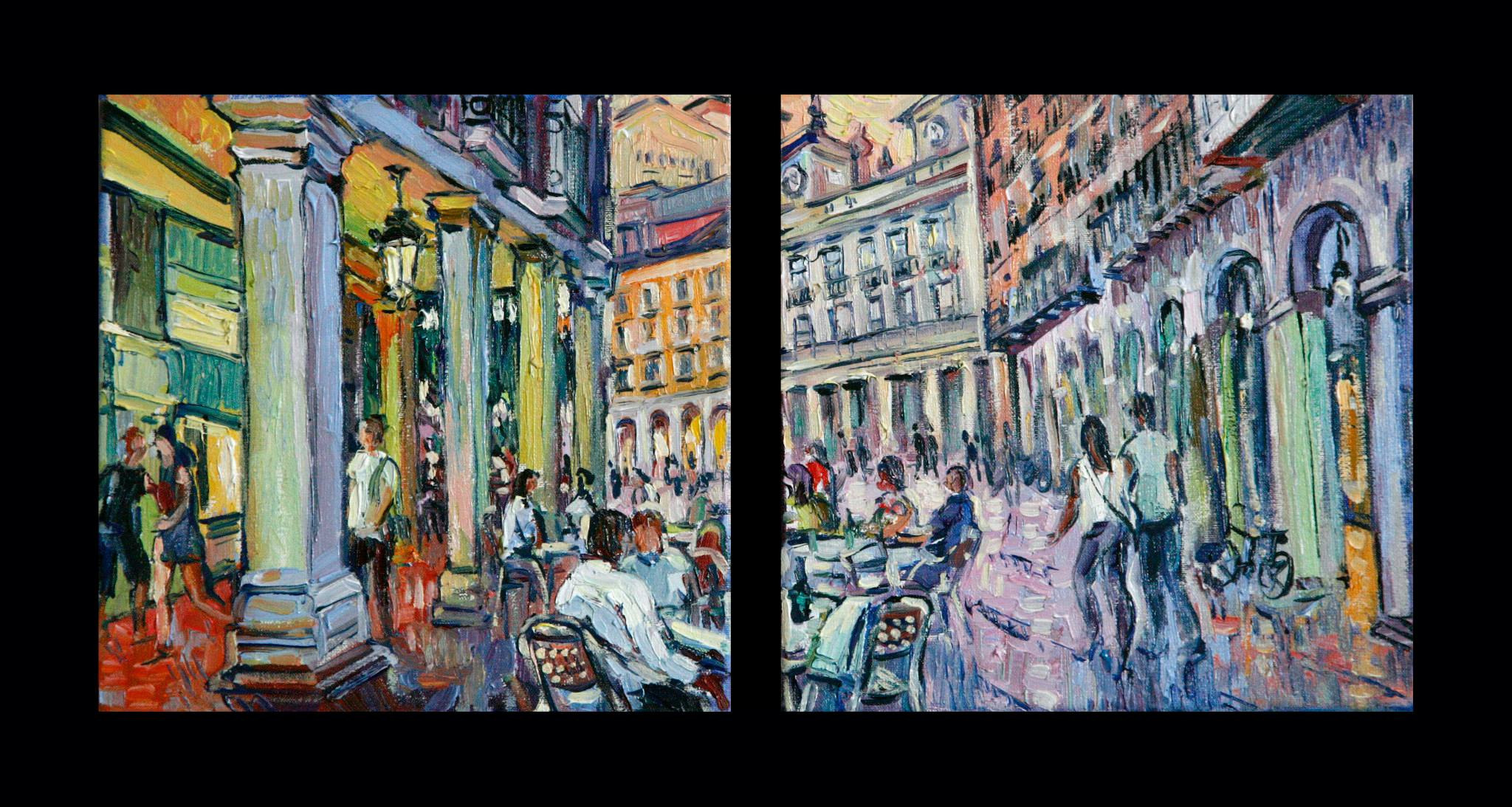 Diptych. Passage with bars in Burgos, dusk, crowds of people.