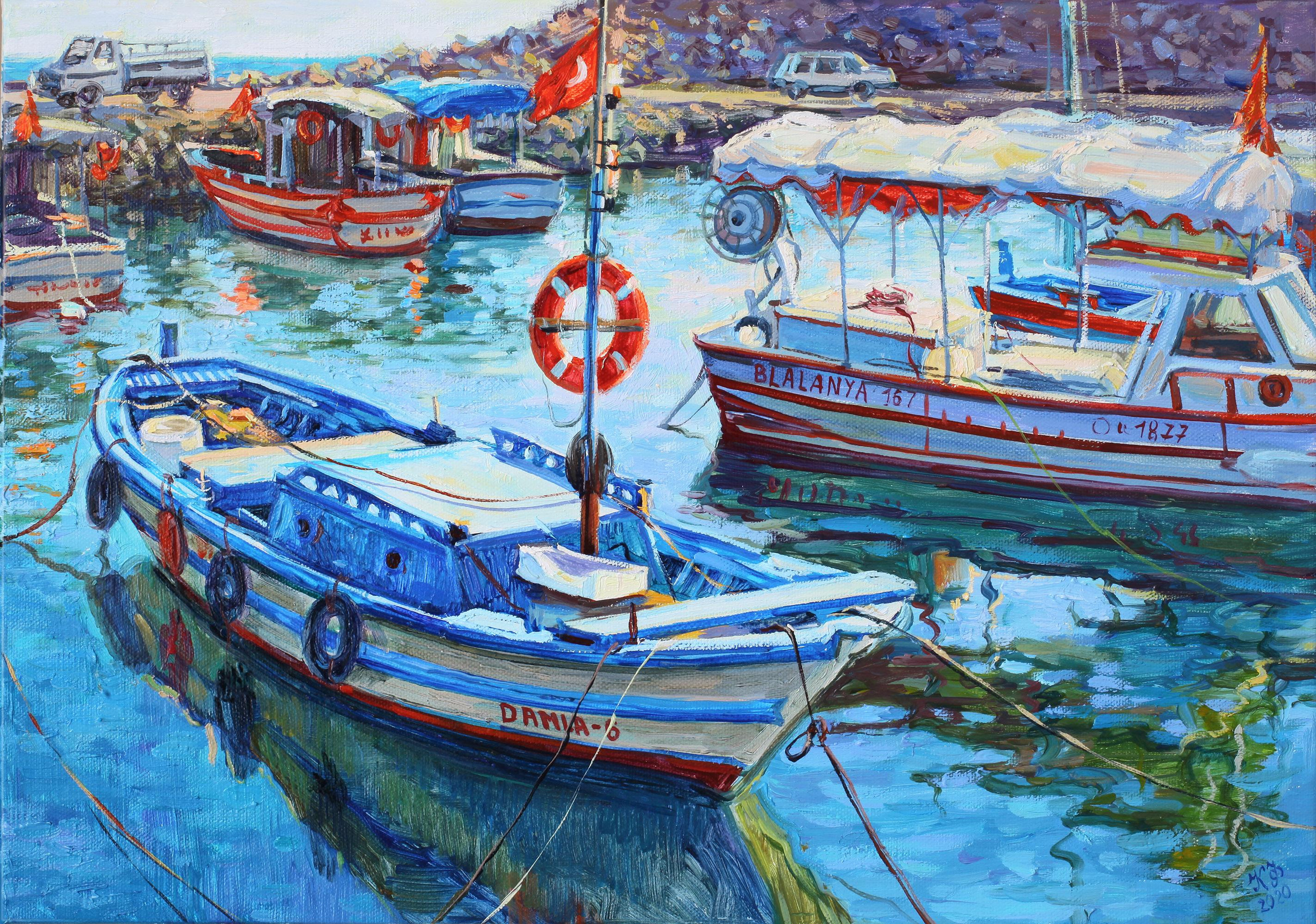 Blue boat with two orange life preservers