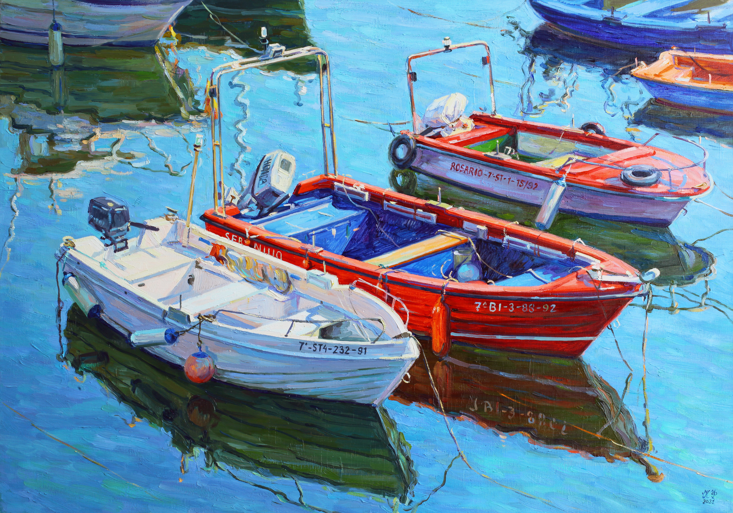 Three fishing boats, two red, one white