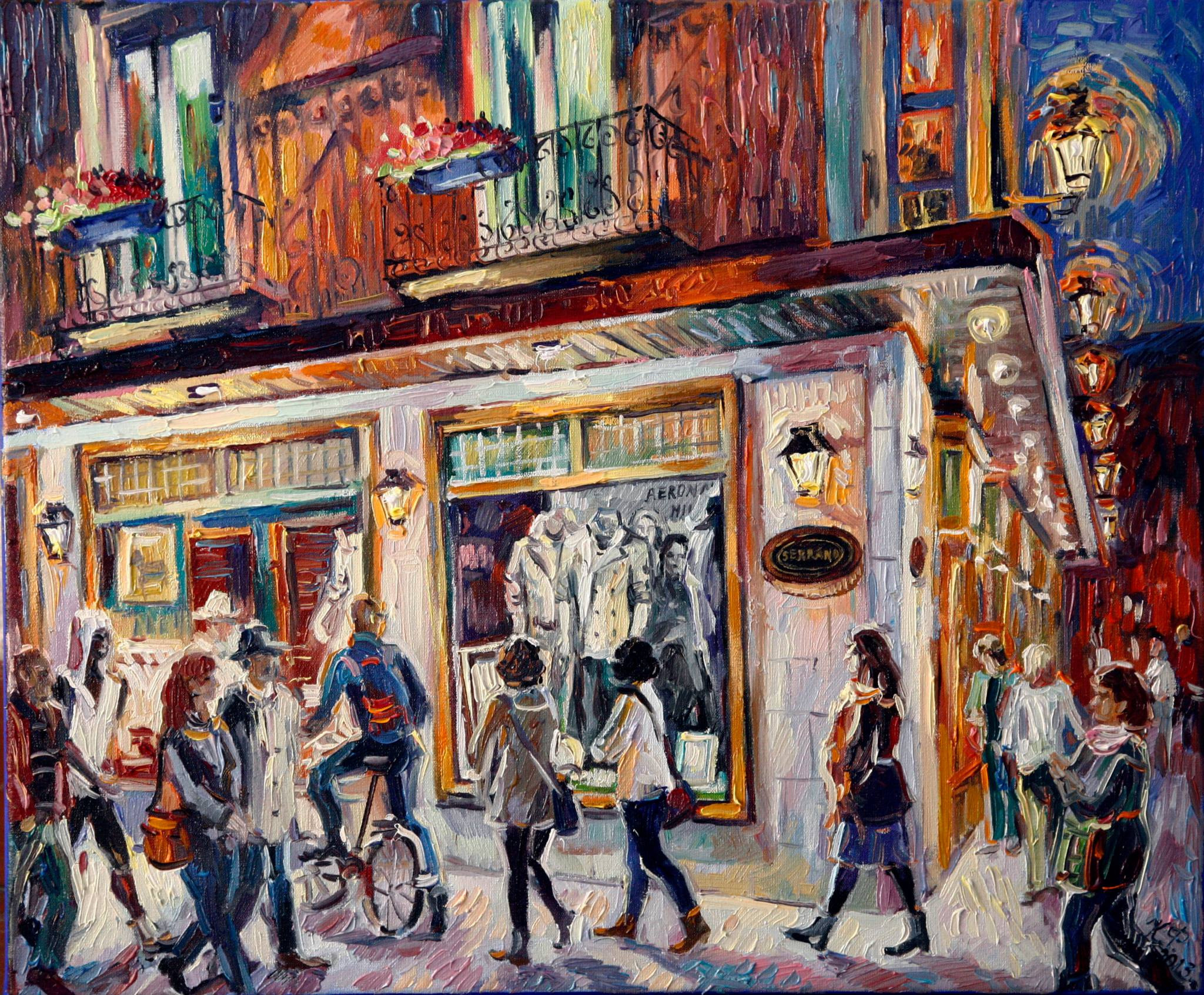 Night city landscape with pedestrians and a view of the clothing store window.