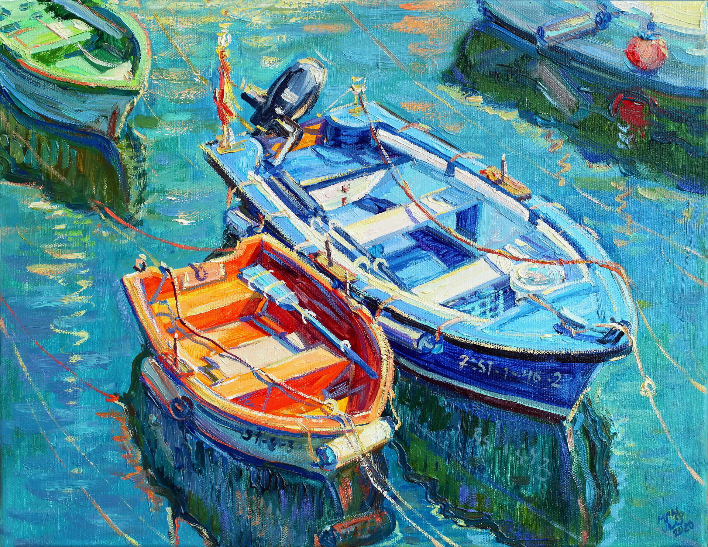 Two boats: orange and blue