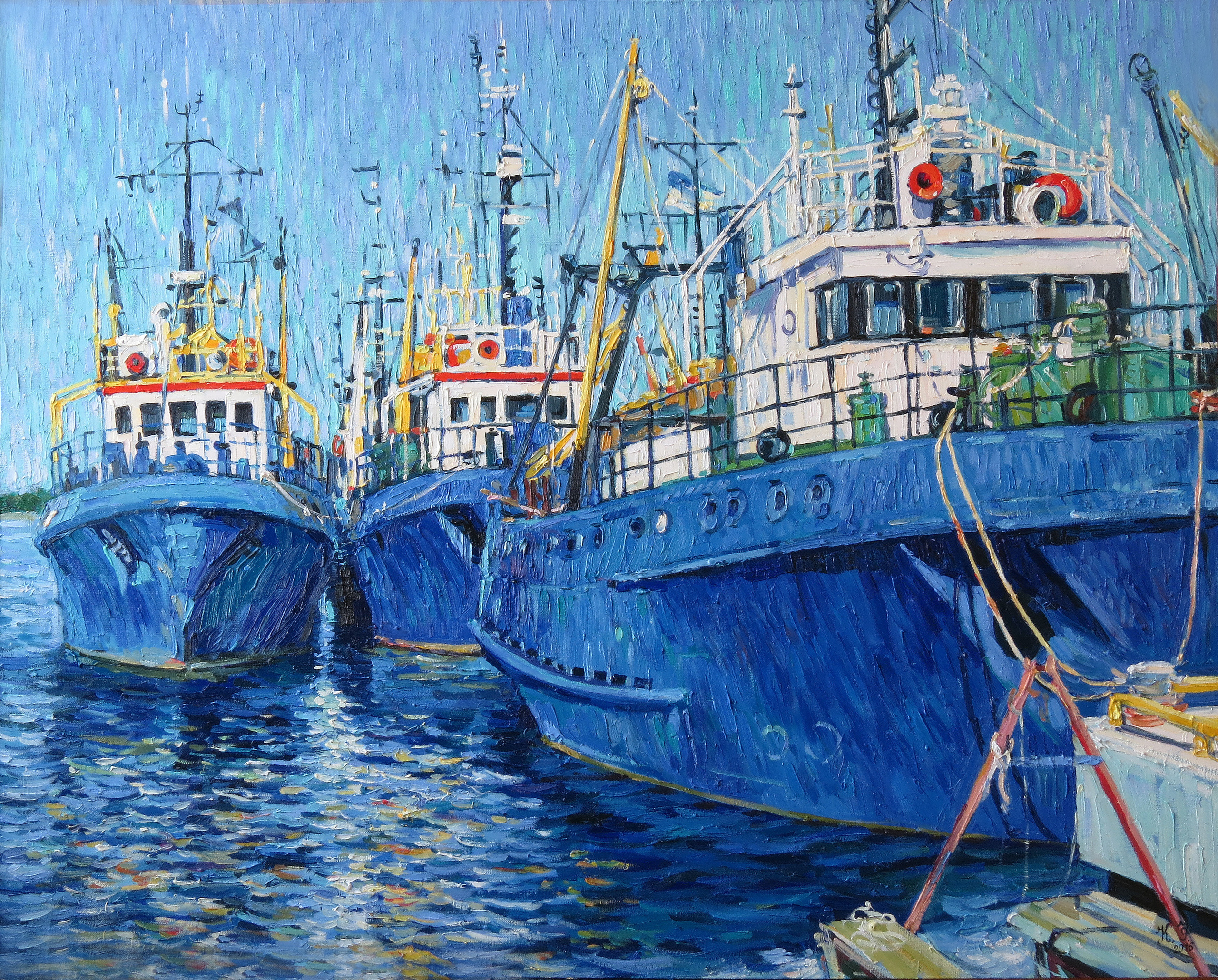 Blue boats in Estonia, large interior painting