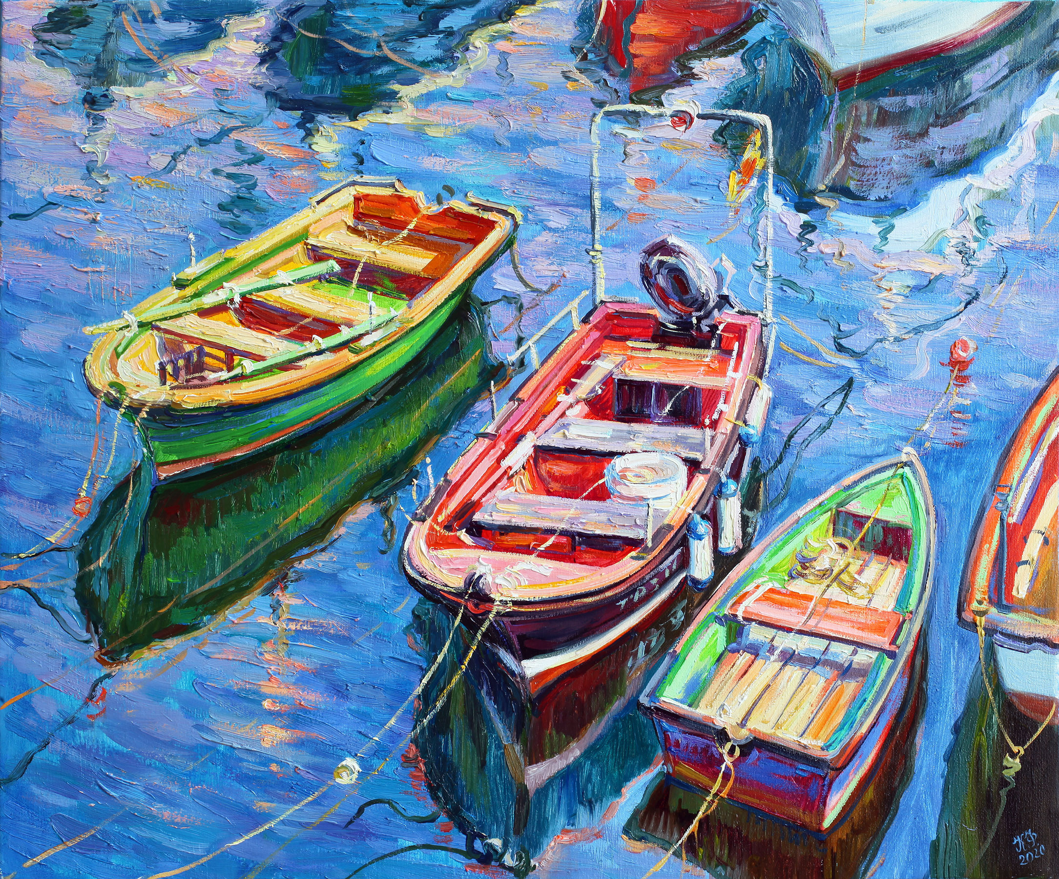 Yellow, red and green boats