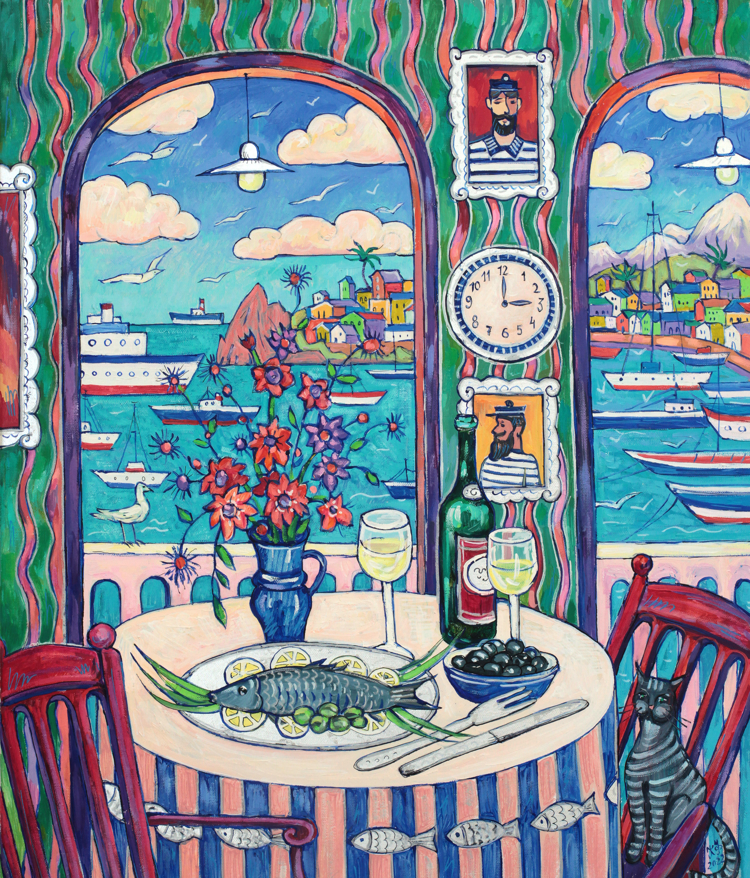 Fish with lemon and olives, set on a table by a window overlooking the Mediterranean port.