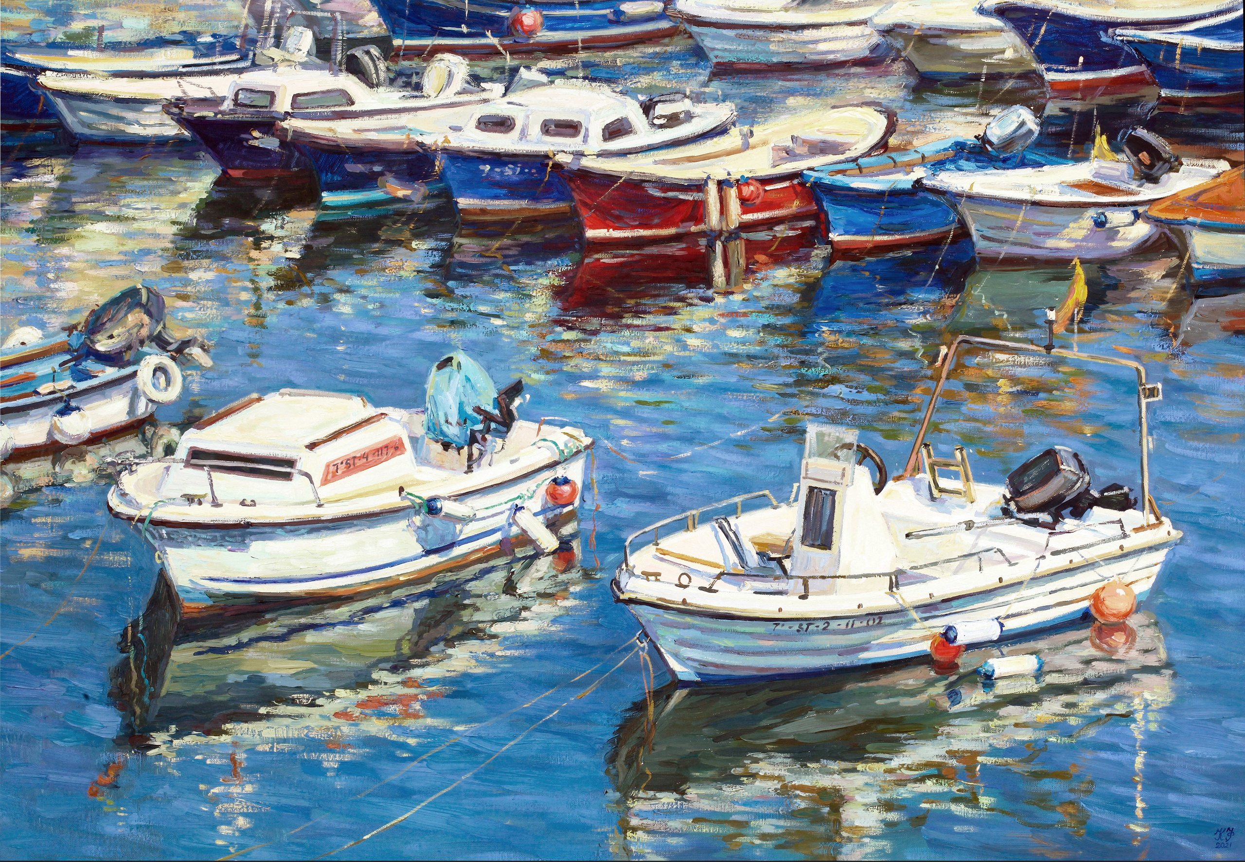 Two white fishing boats and many blue and red ones in a row in the background