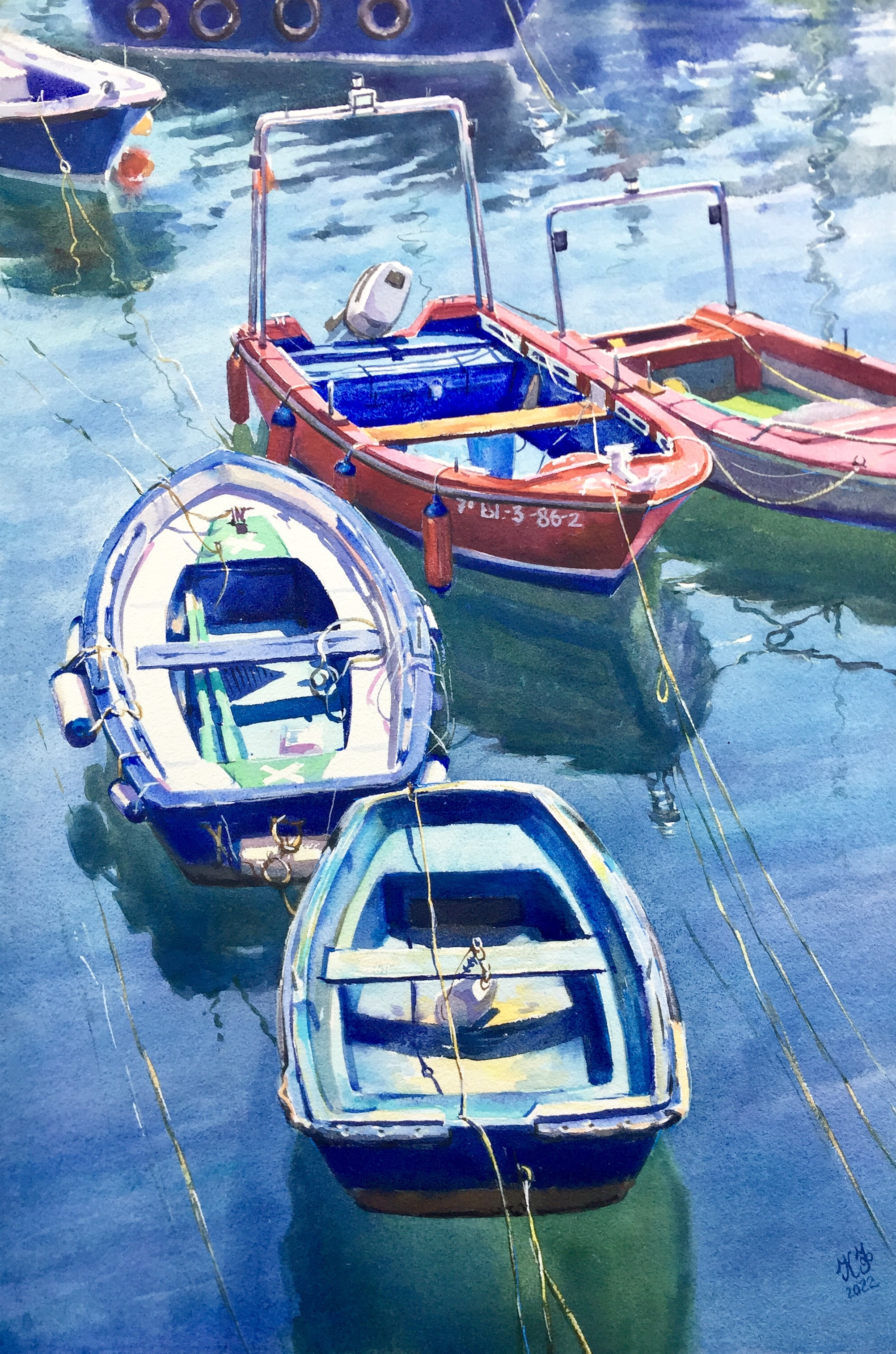 Watercolor with four boats