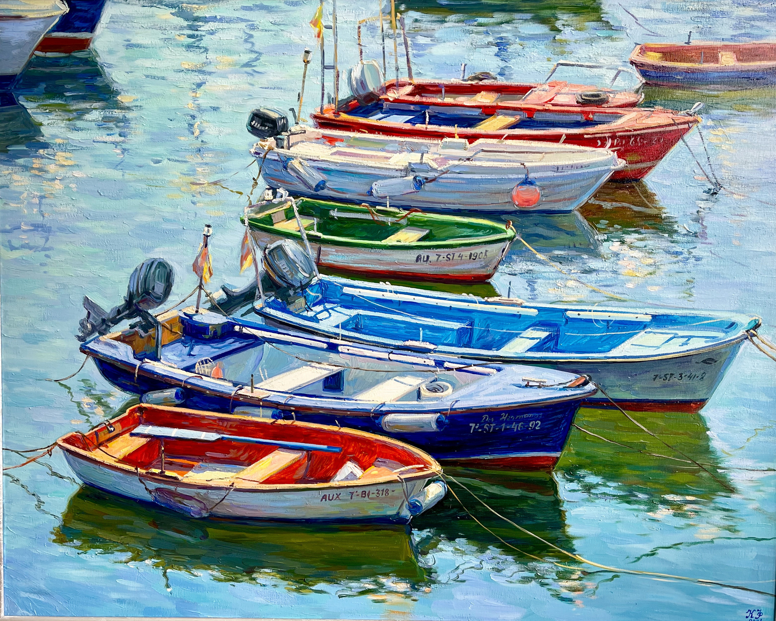 Orange, dark blue, light blue, green, white and orange fishing boats