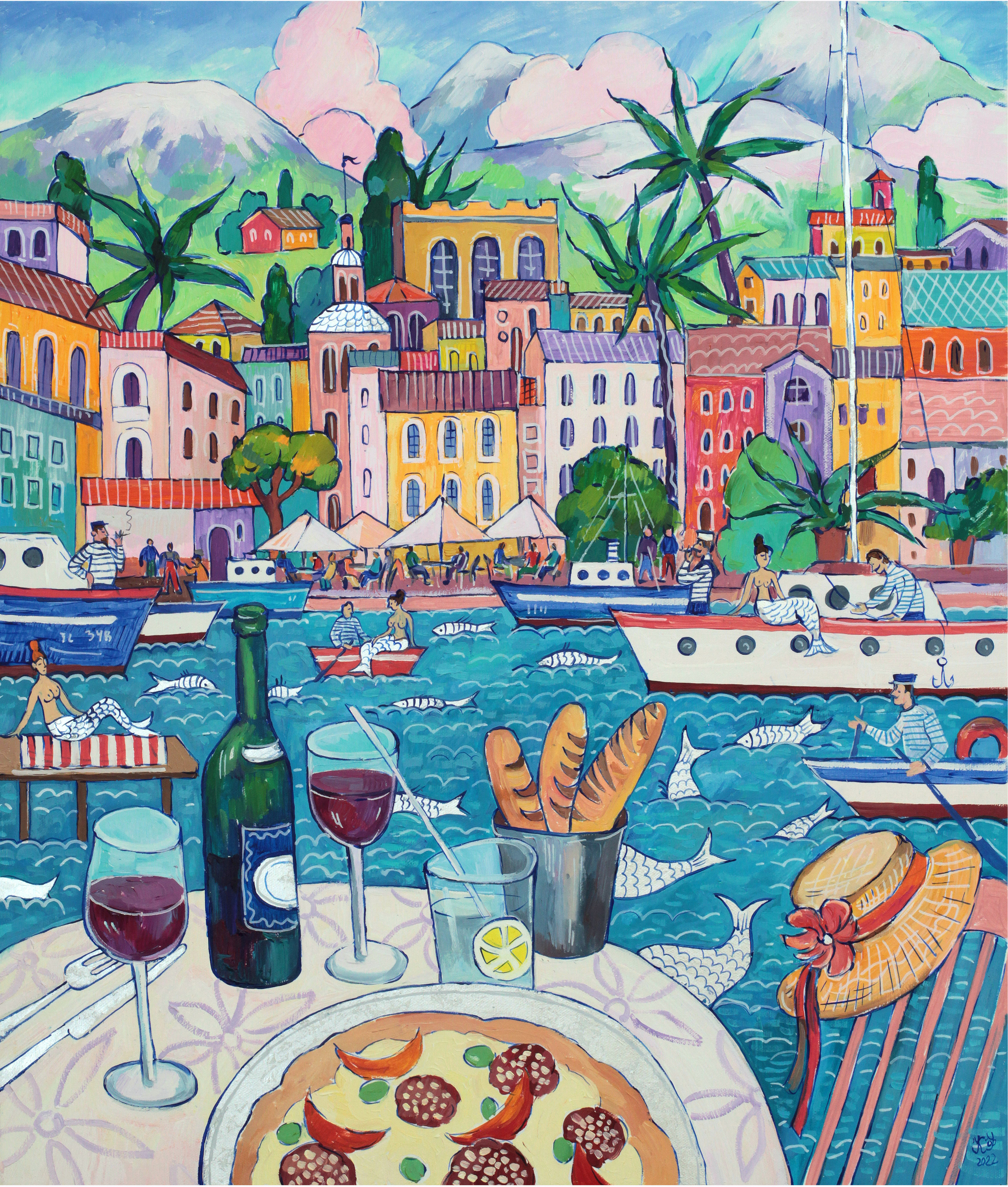 A lively waterfront with mermaids, sailors, and a table set with wine glasses.