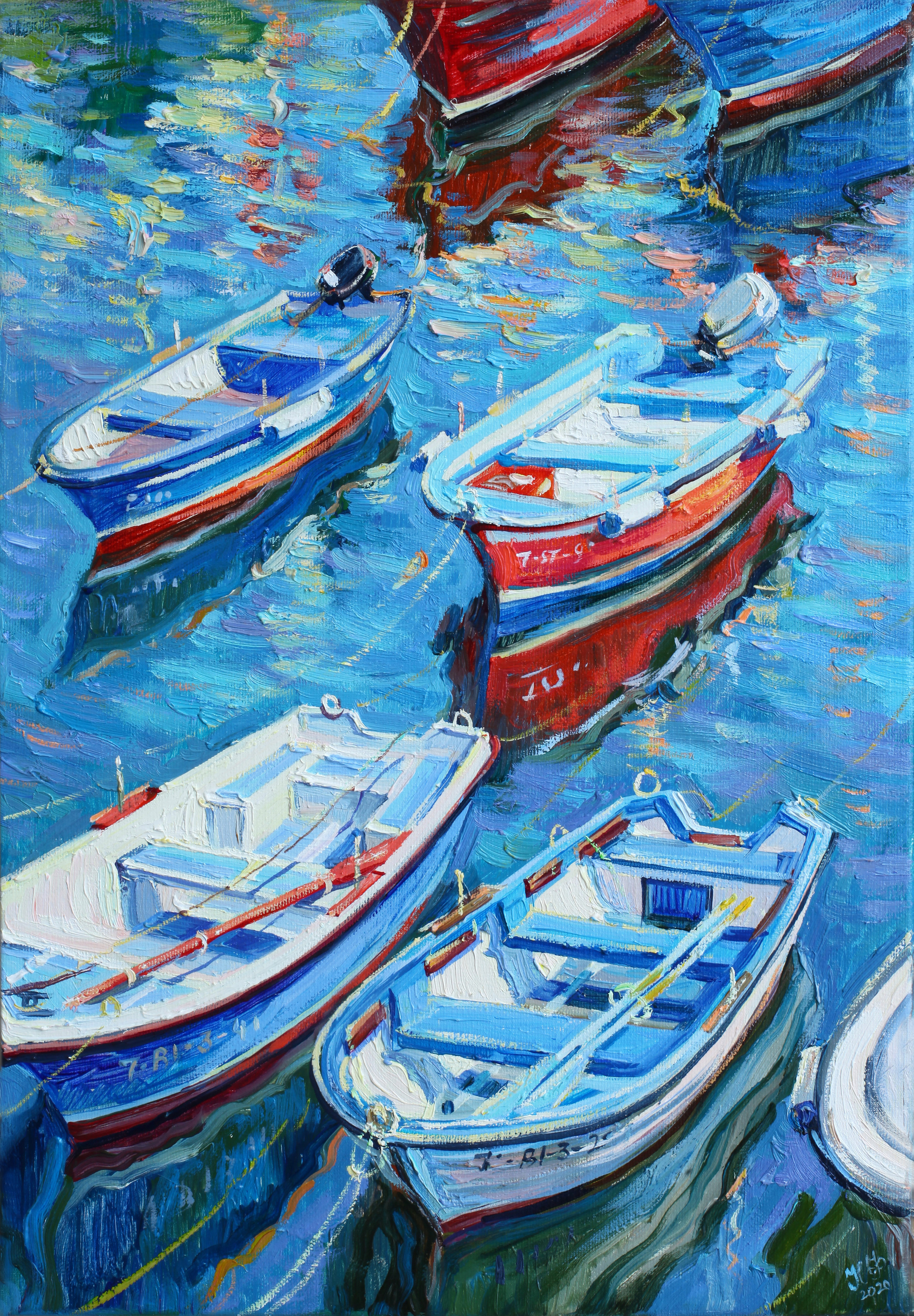 Four boats: three blue and one red