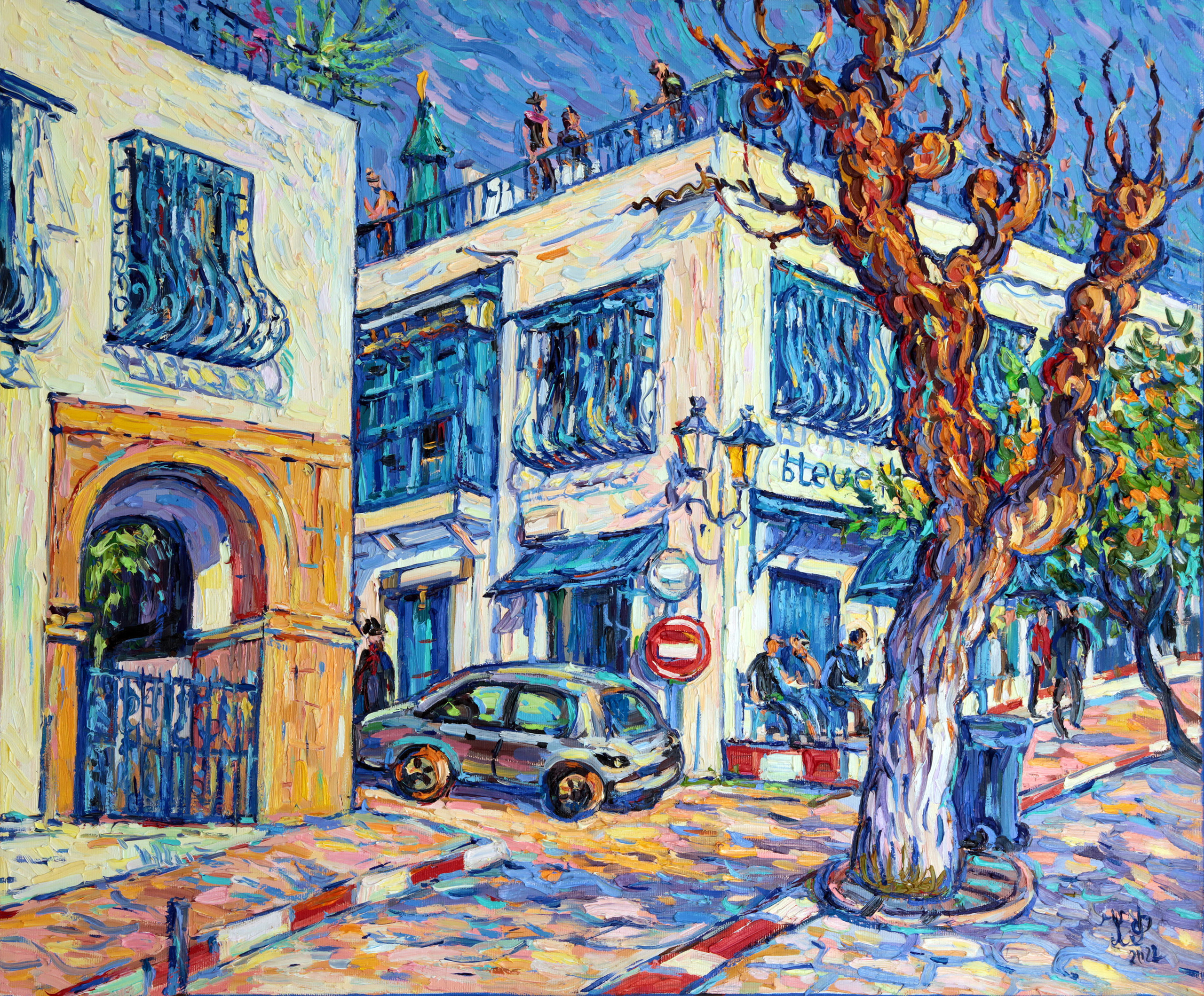 View of Cafe Bleue! with a blue facade