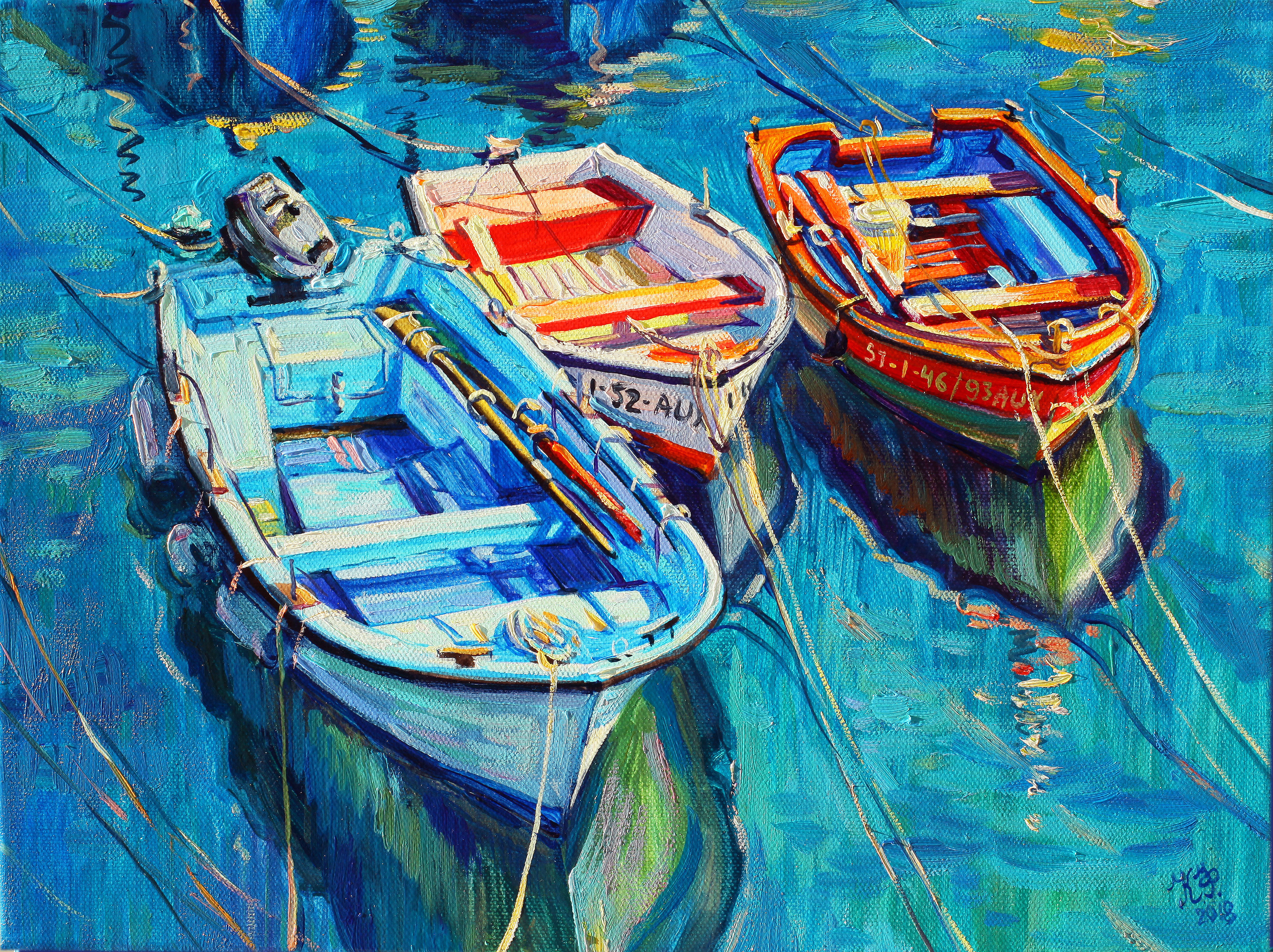 A sky-blue fishing boat and two orange