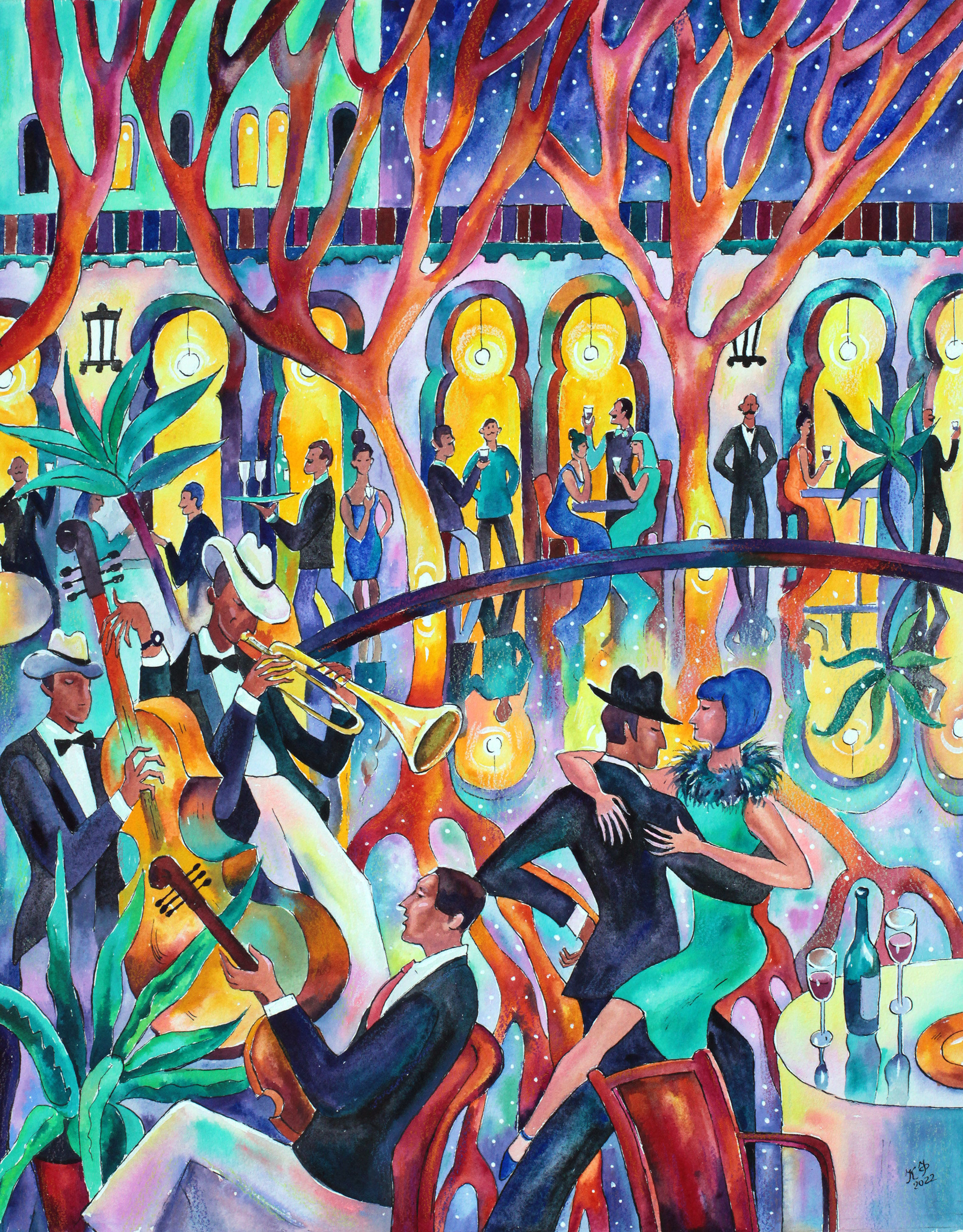 Dancing to the brass band by the pool at the Moorish-style villa.