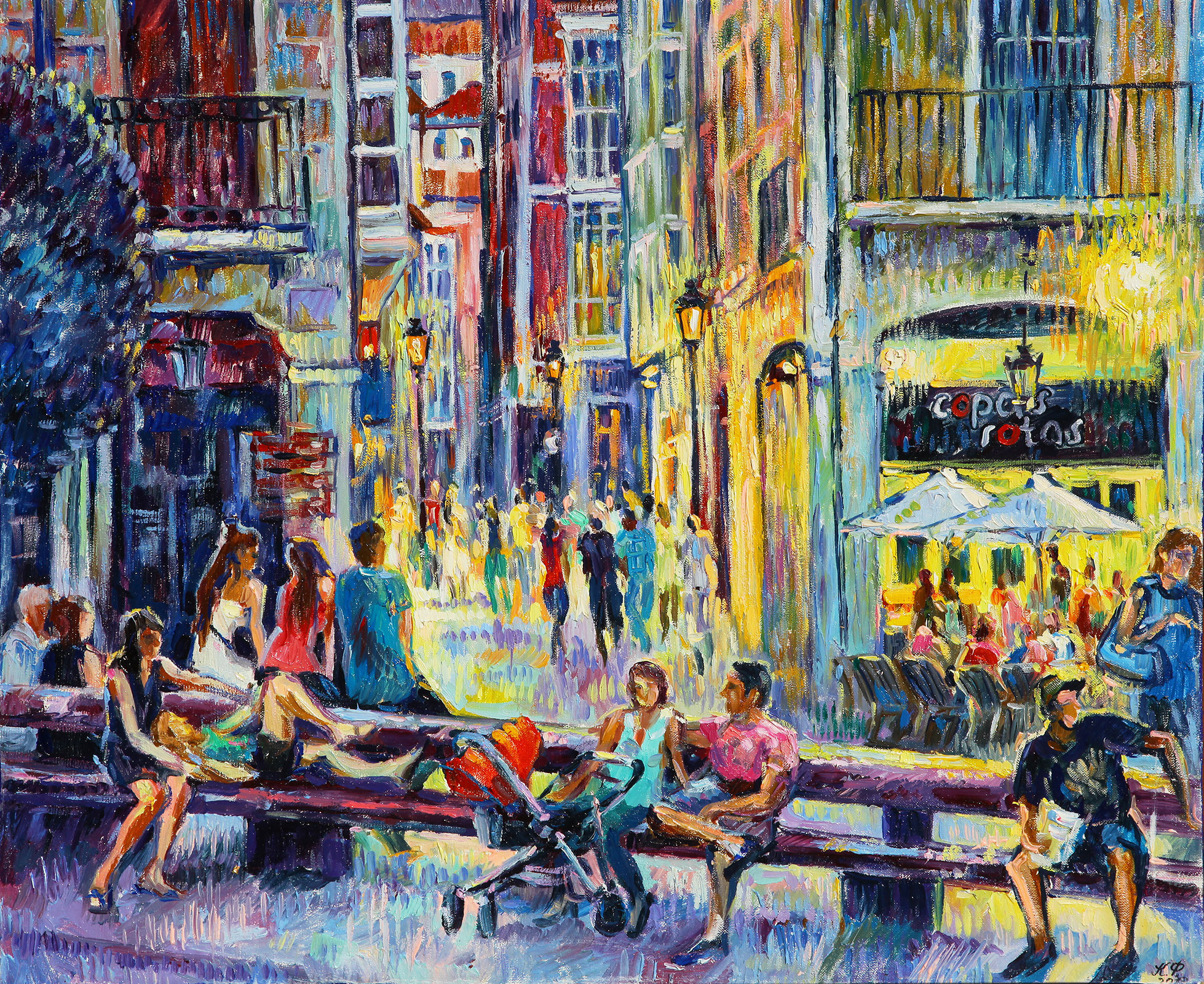 People sitting on a bench on the square in front of Copas Rotas bar.