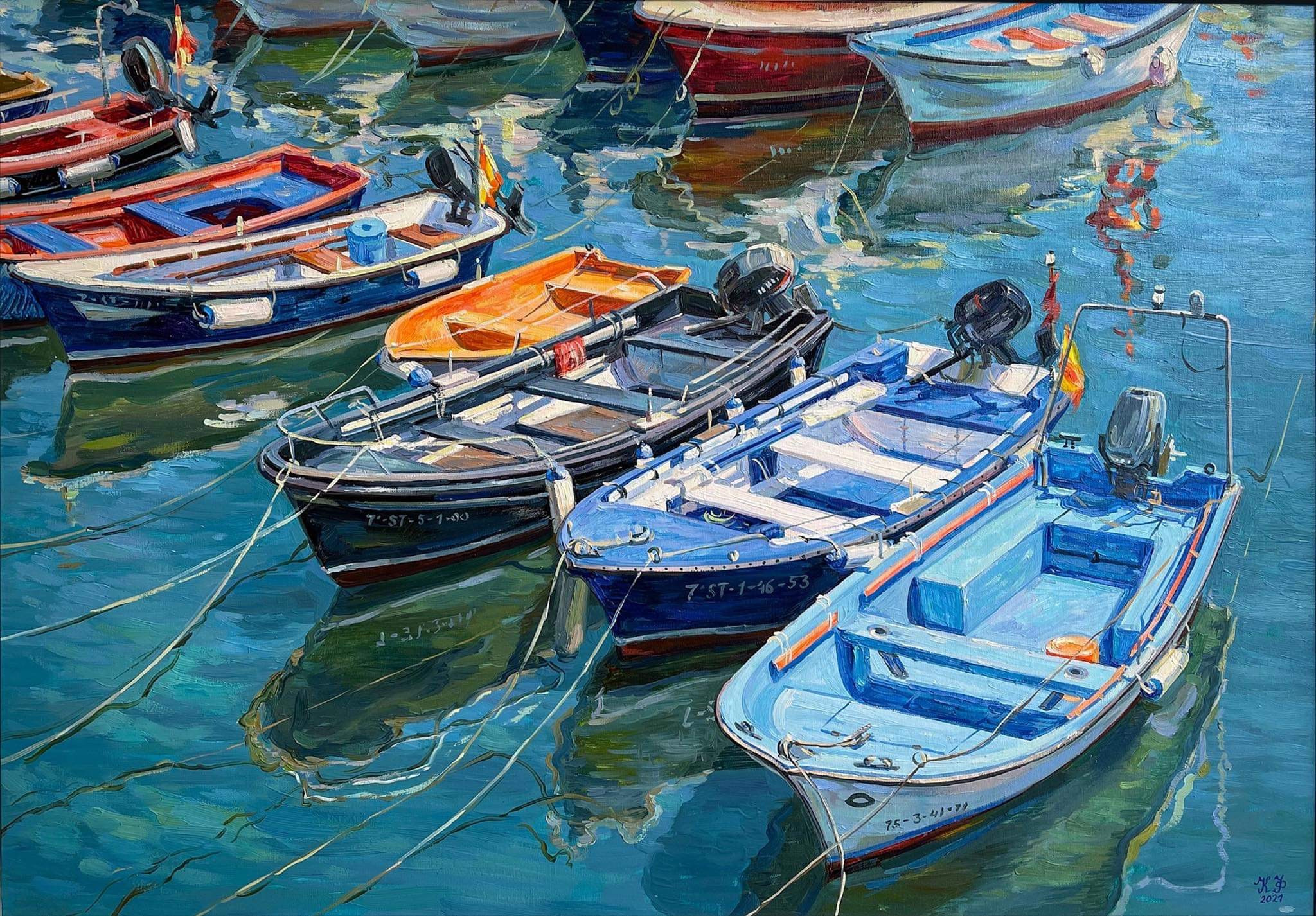 A row of six boats: two red, white and blue, orange, black, navy blue, and light blue