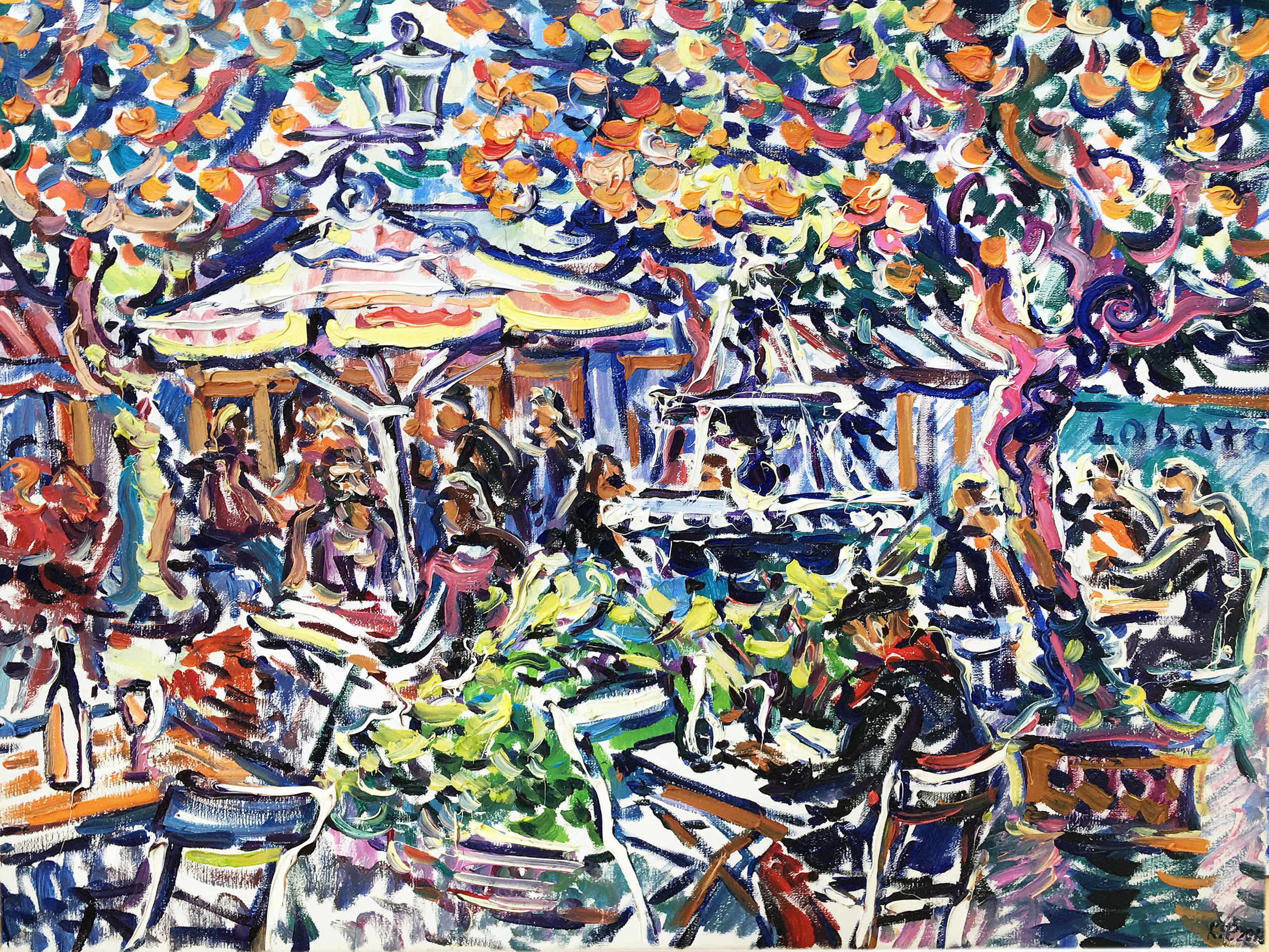 Bar terrace with a fountain under orange trees.