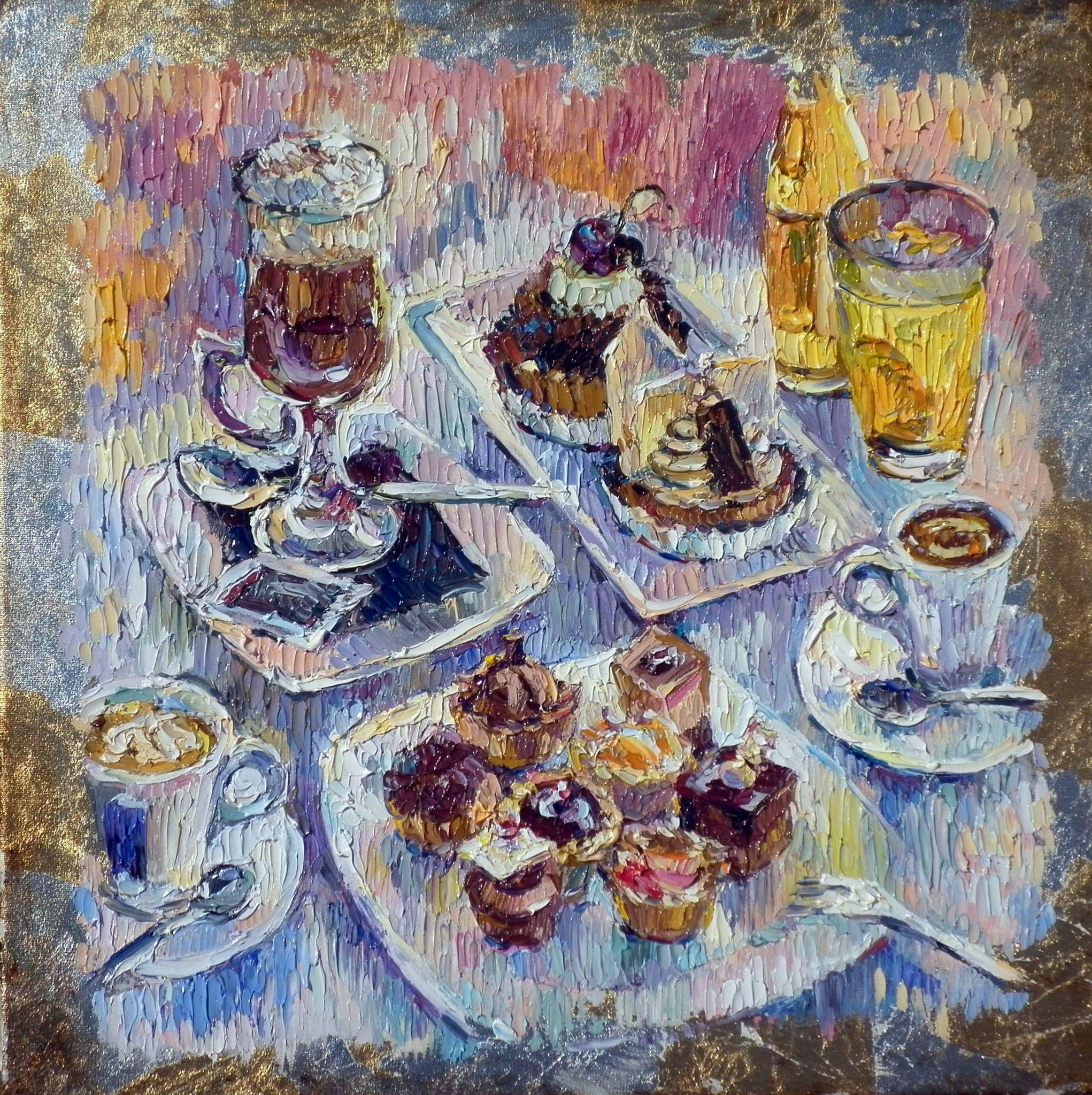 Still life with several pastries, Viennese coffee, and lemonade.