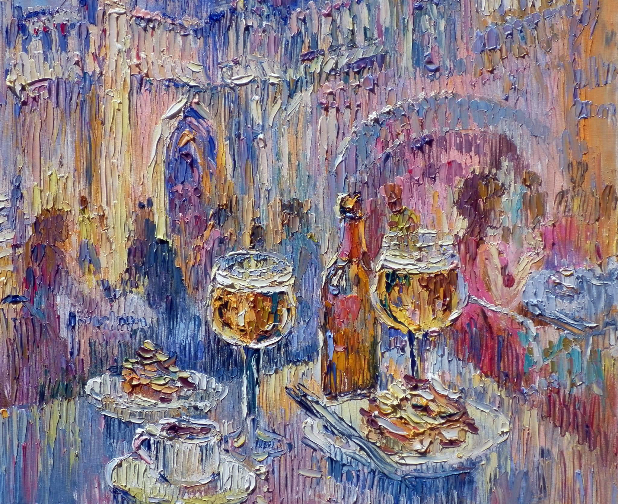 Still life with two beer glasses and an anchovy sandwich in a bar on the cathedral square.