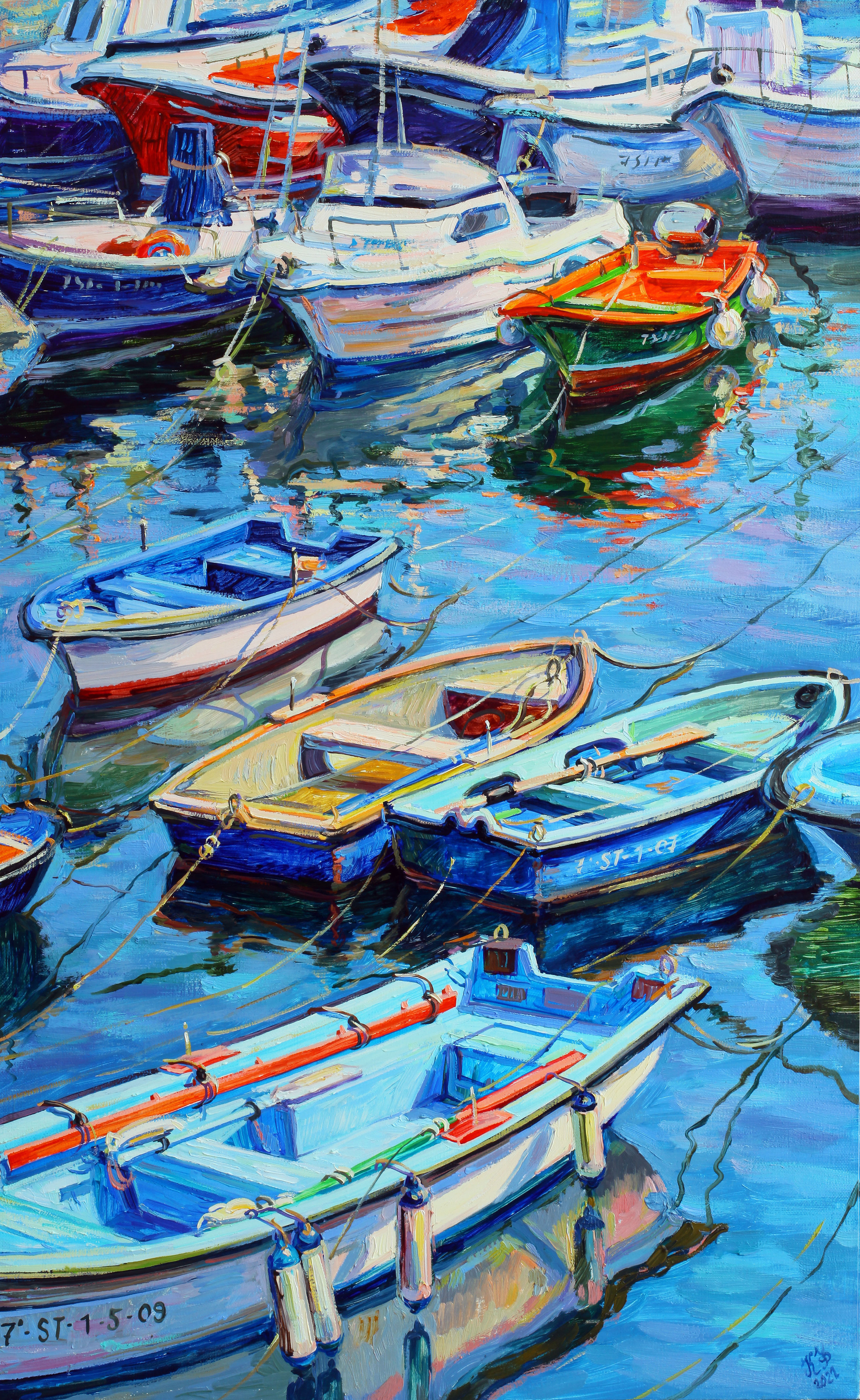 A vertical composition of four rows of colorful boats
