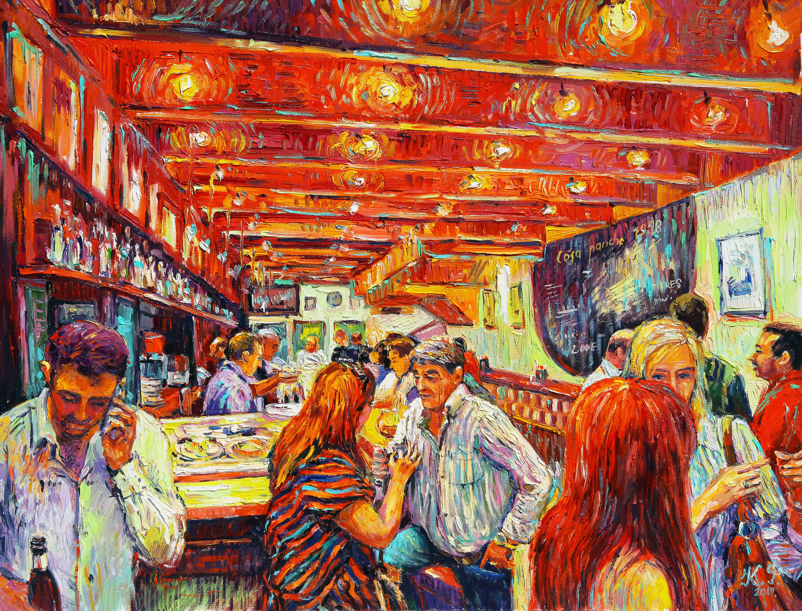 Red interior of Casa Pancho restaurant, several visitors chatting with each other.