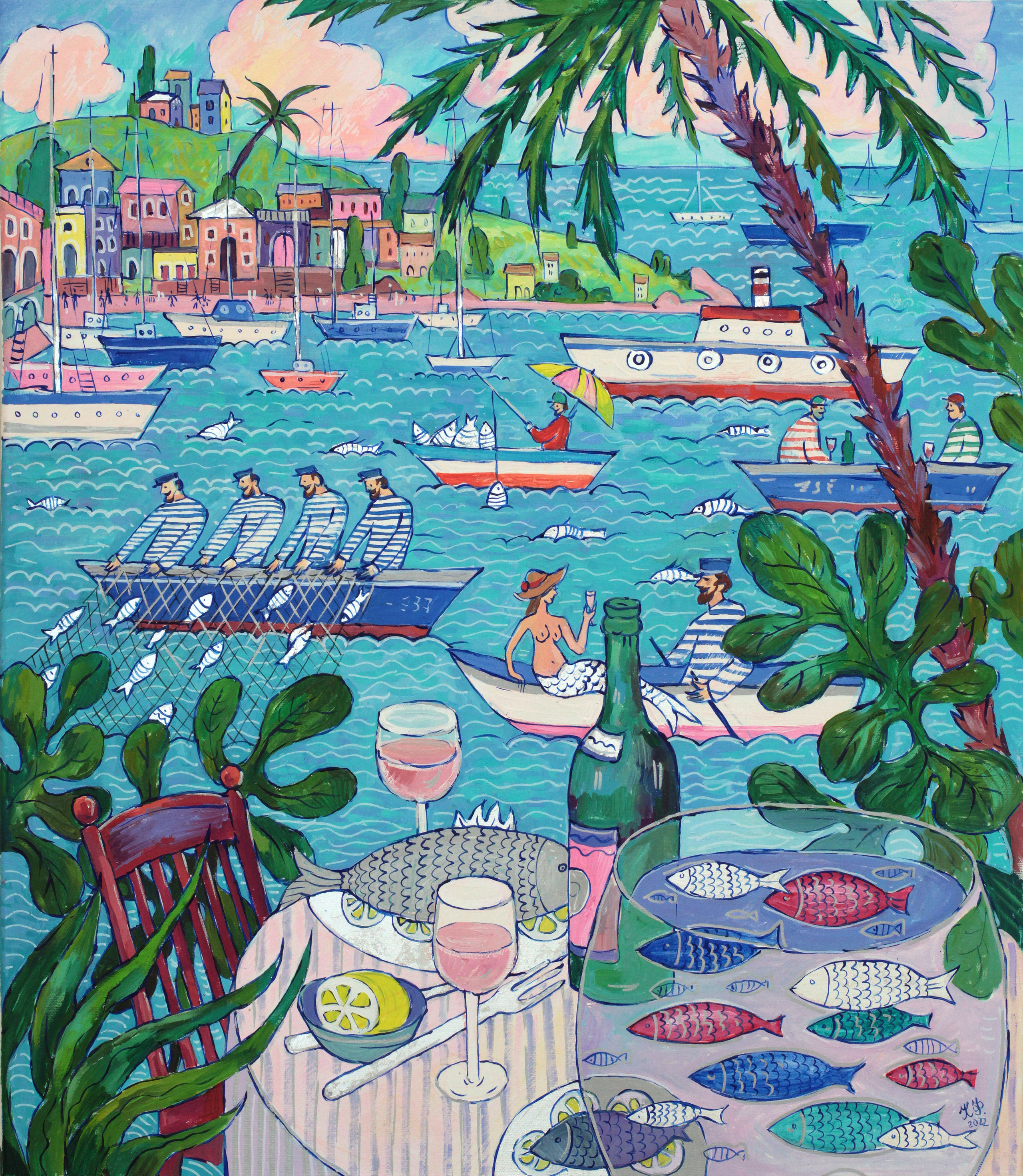 Fishermen pull fish out with nets while other men stroll around with mermaids.