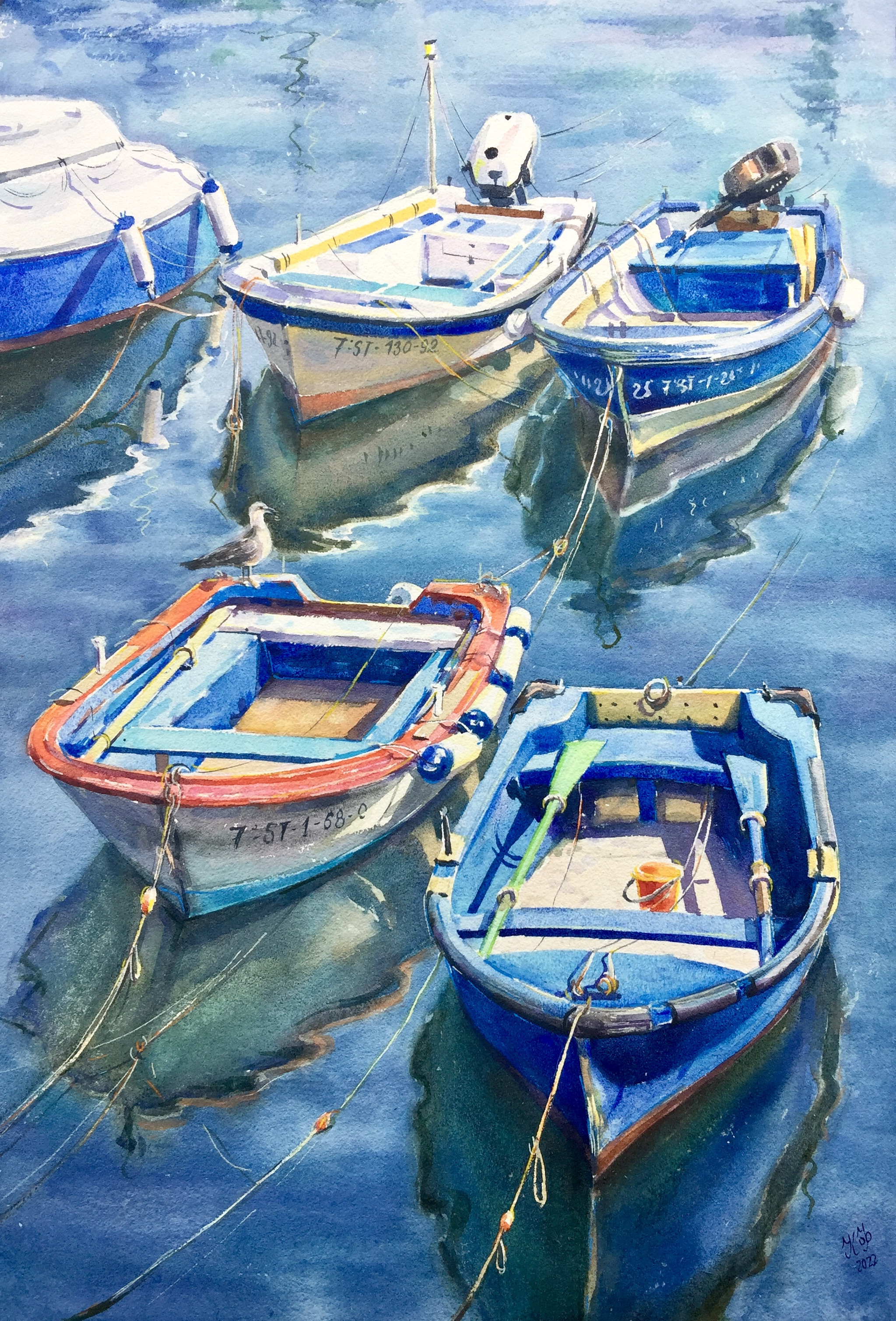 Four boats in two rows: two blue, red and white