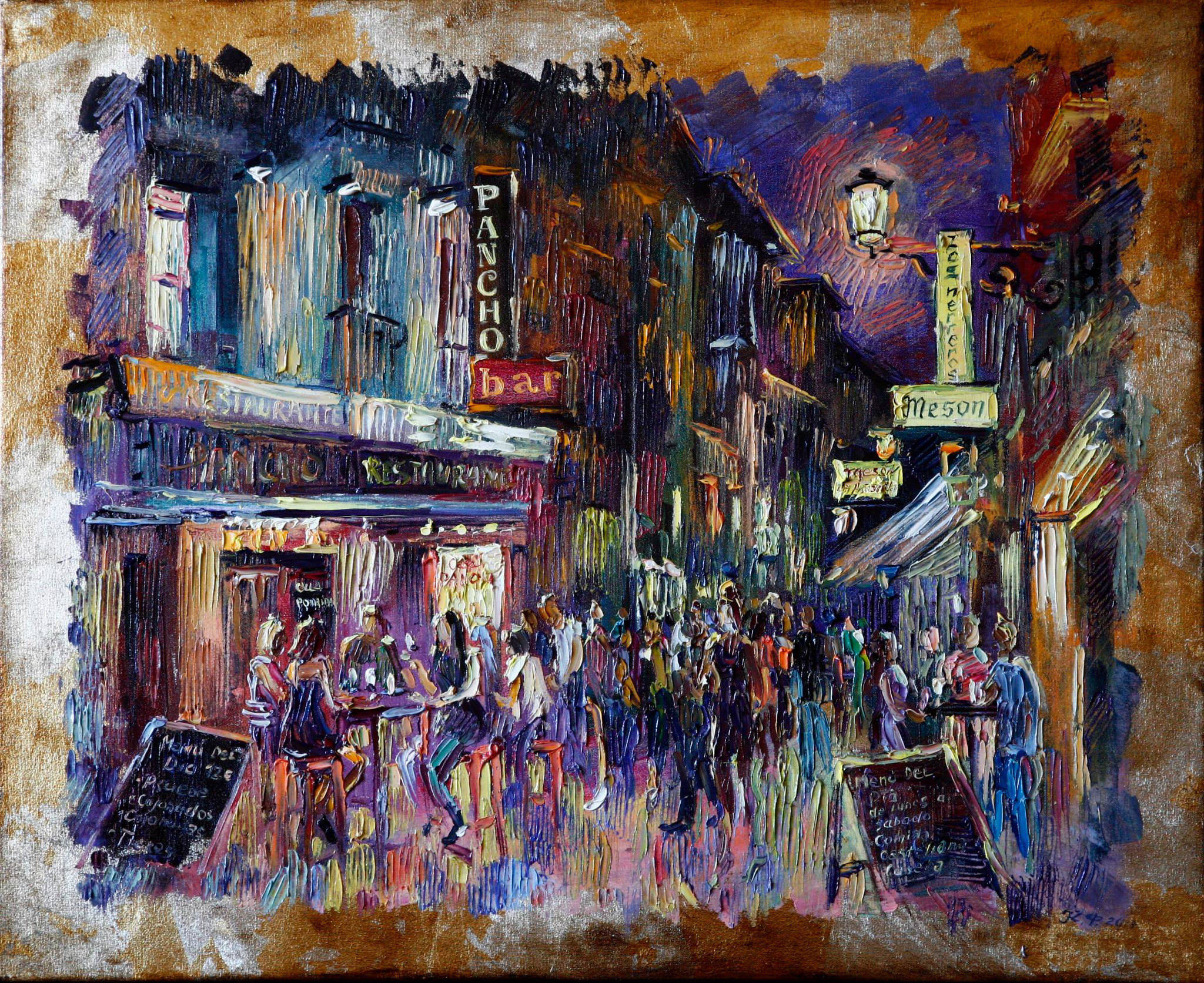 Street of bars. Mesón Burgos and Casa Pancho with passersby.