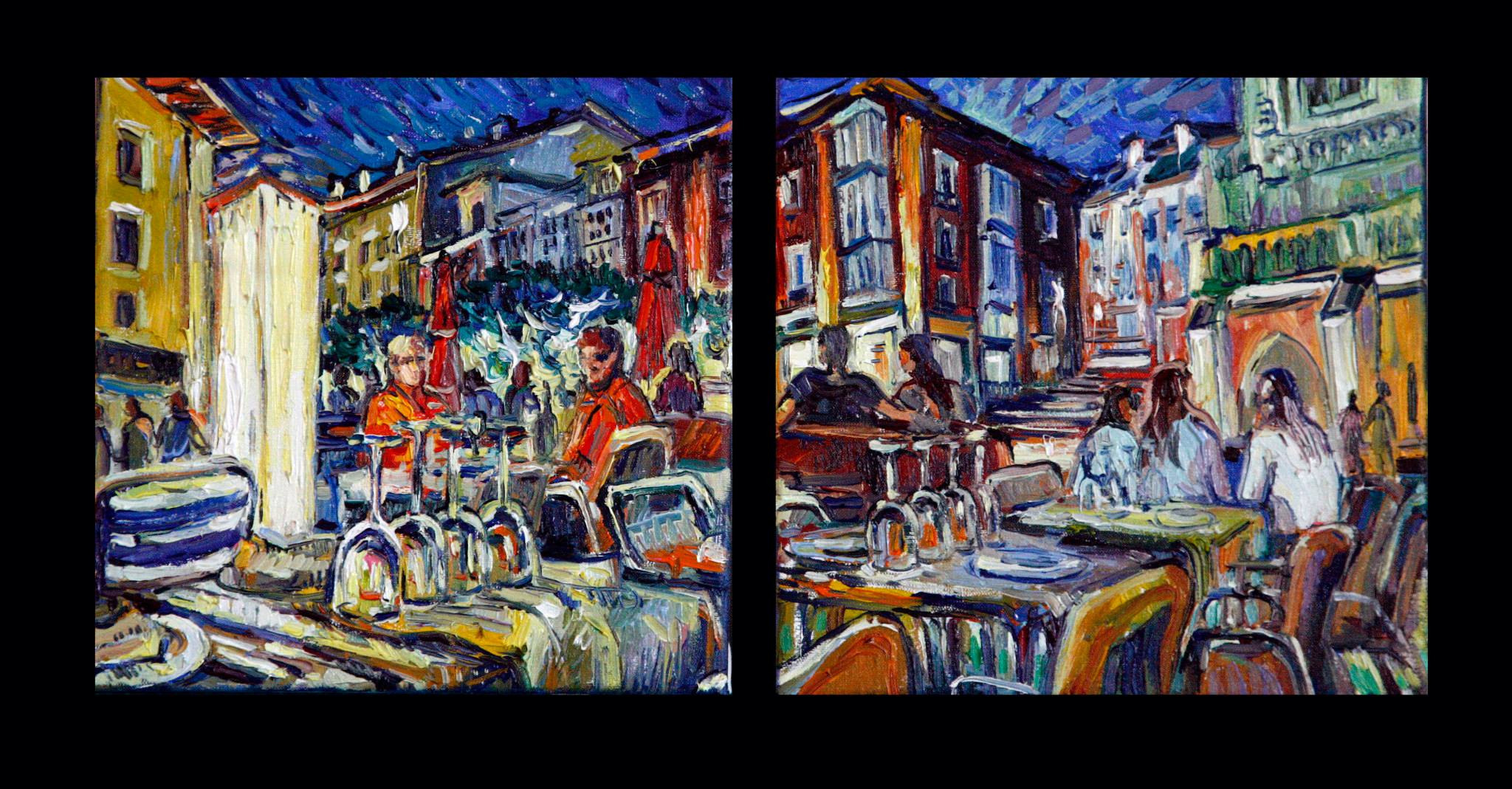 Diptych. Set tables on the central square of Burgos with tablecloths and wine glasses. Larruzz restaurant.