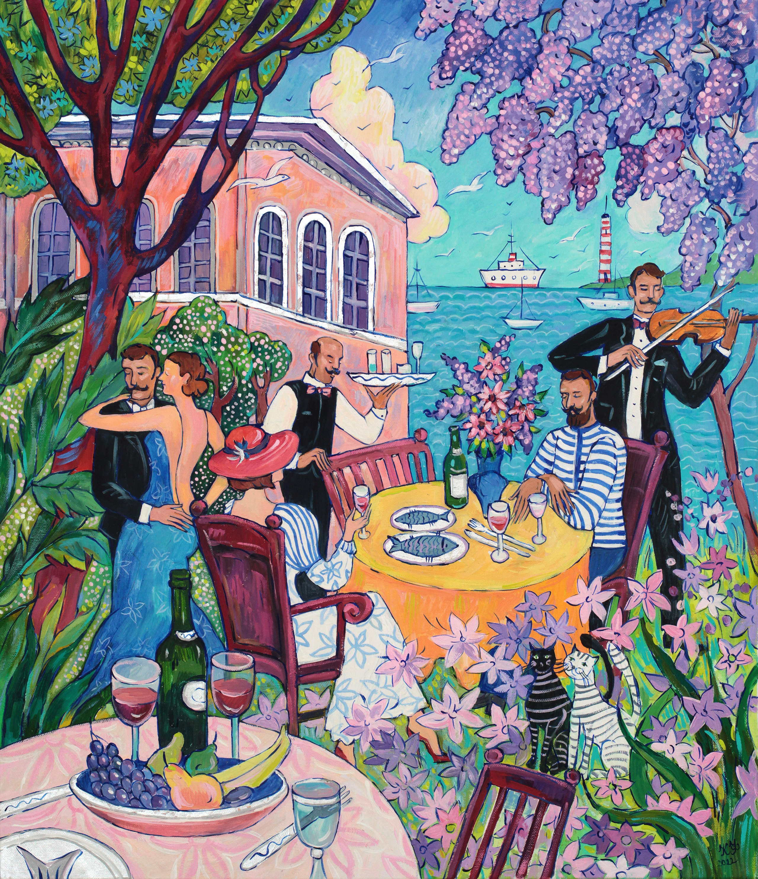 A couple dines at a restaurant with live music on the beach, and another couple dances with their arms around each other.