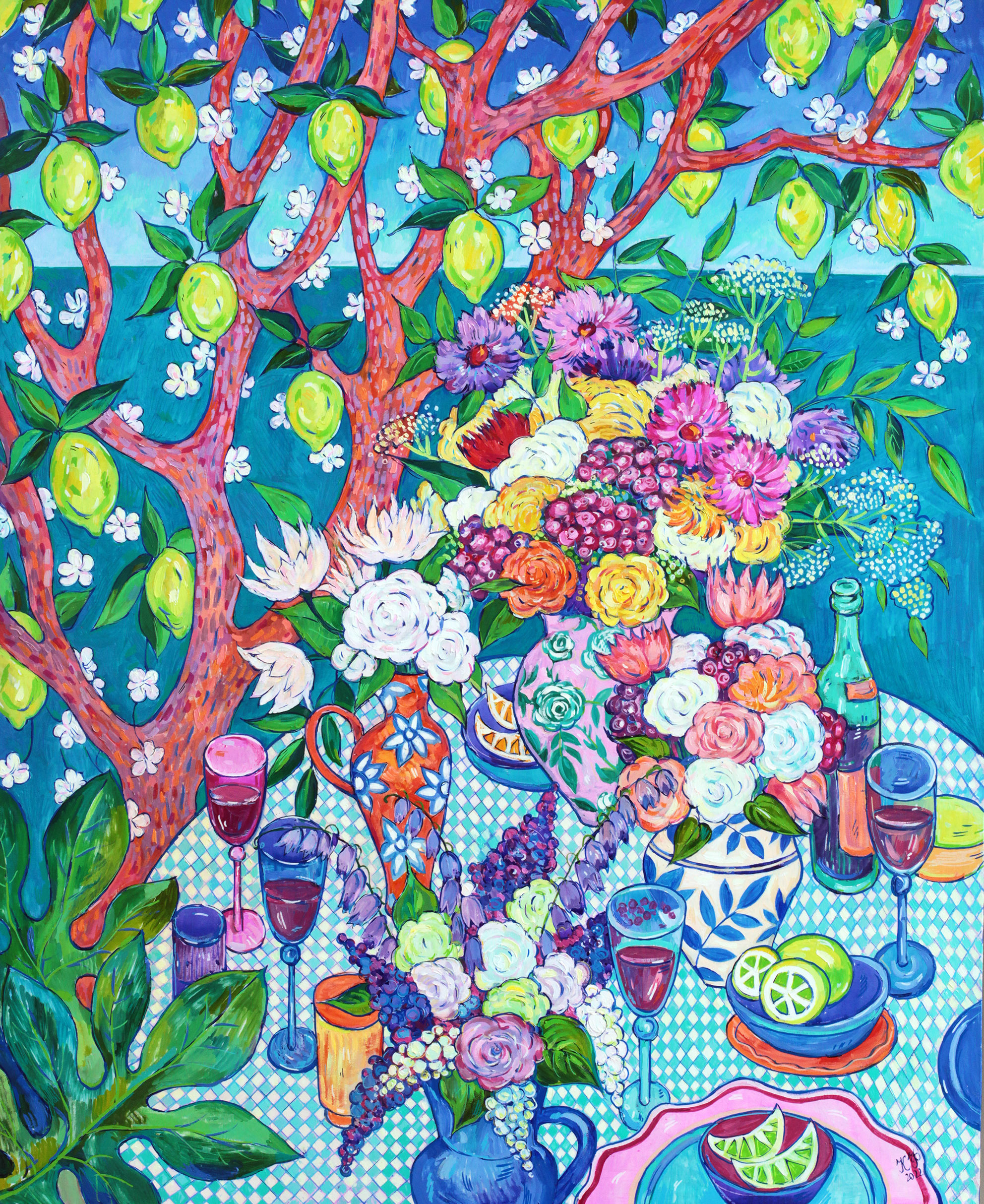 A cheerful still life of wine and citrus under a lemon tree.