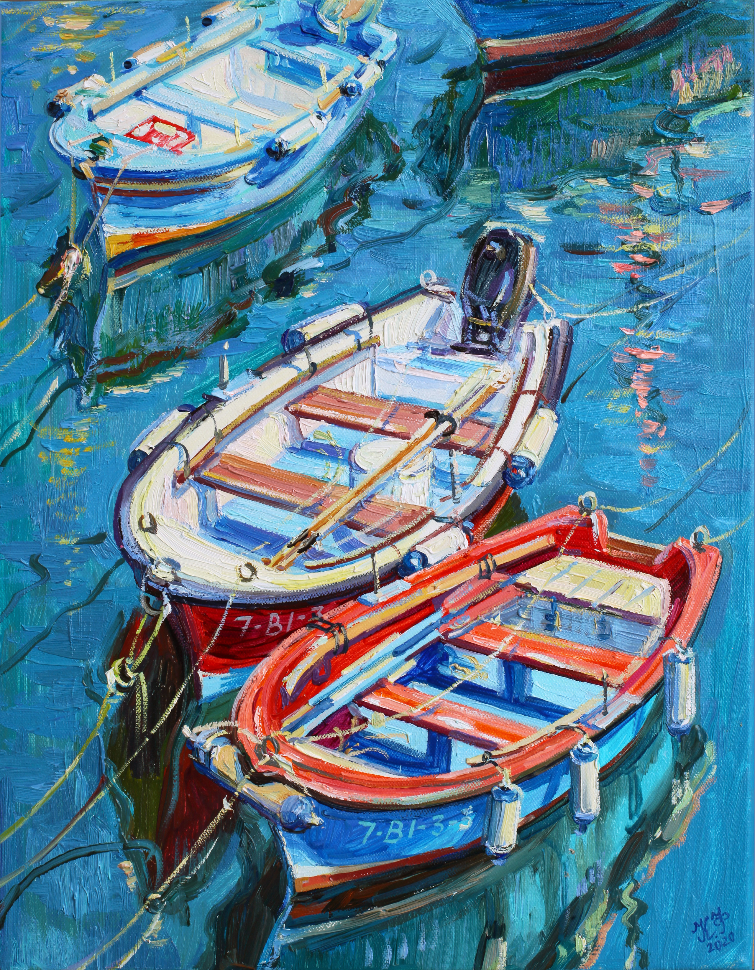 Two boats: white and red