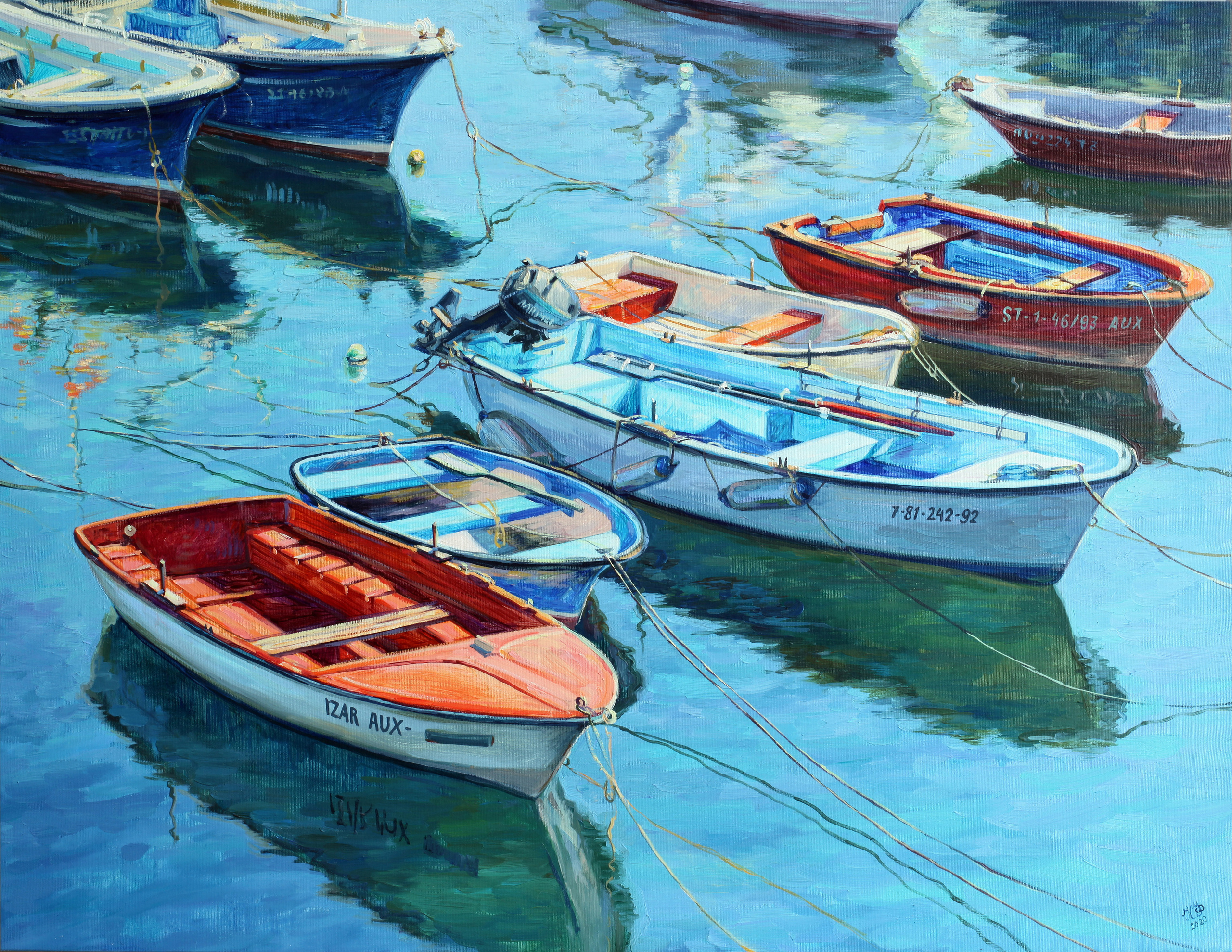 Orange and blue fishing boats