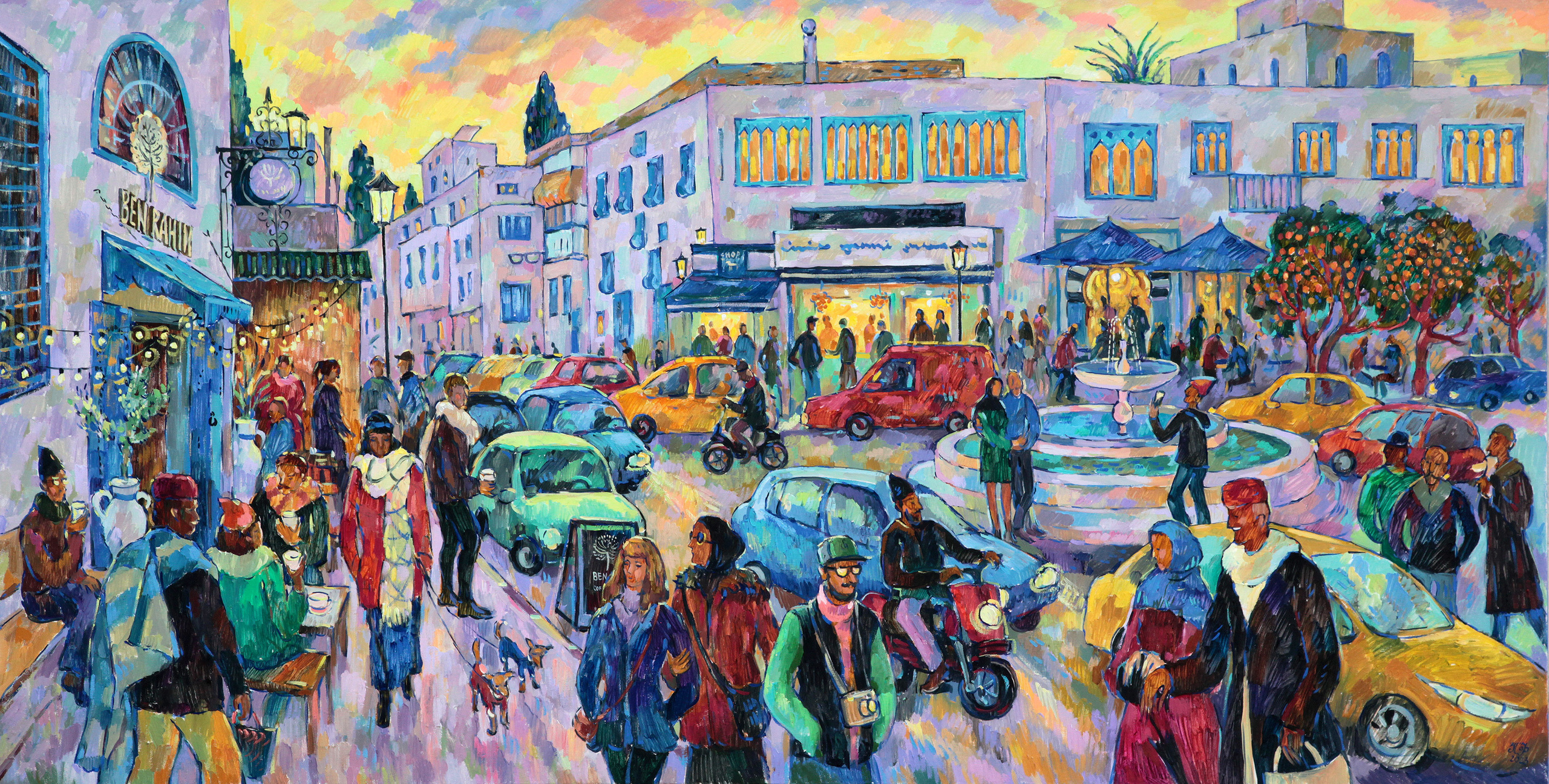 Winter in Sidi bou Said: a panoramic view with passersby, taxis and cars