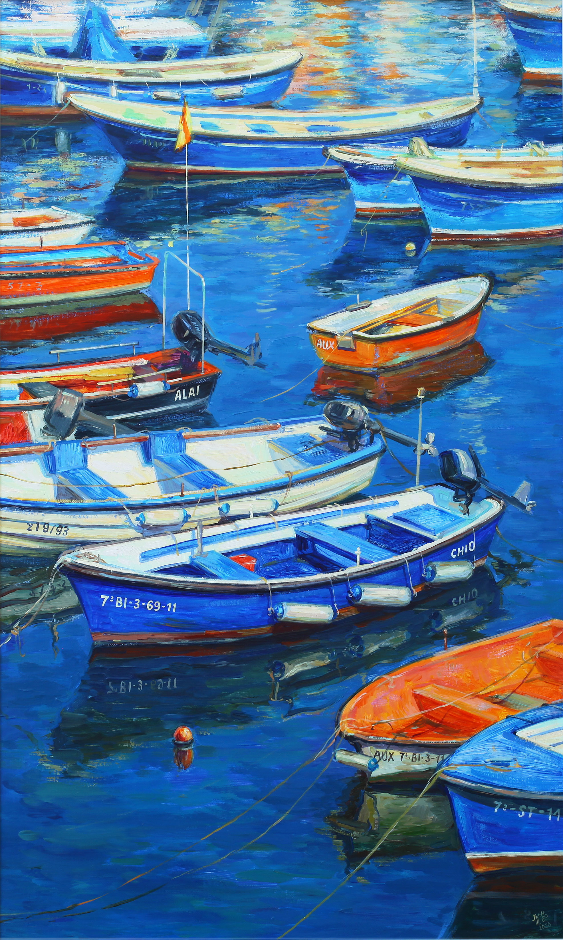Orange and blue boats staggered
