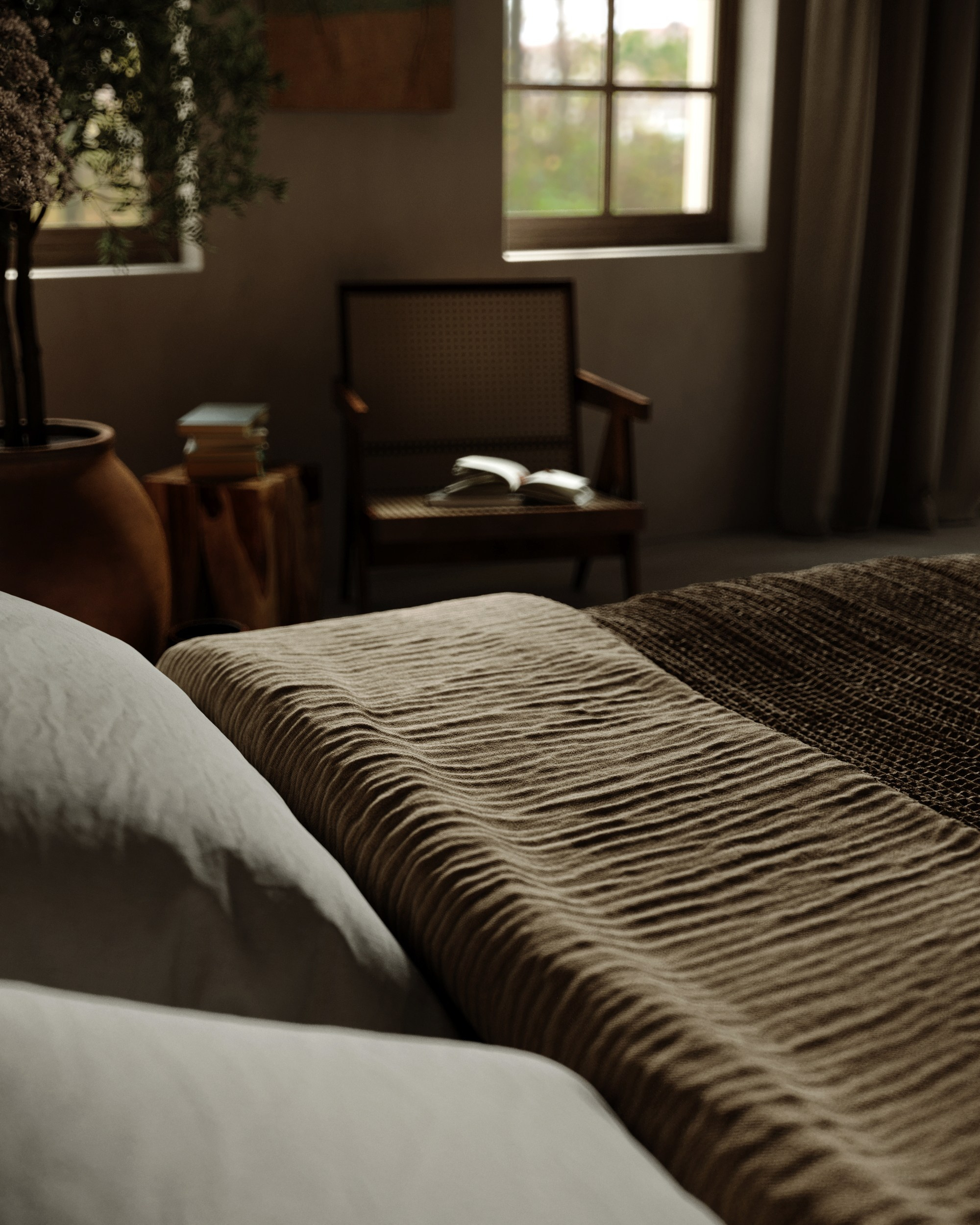 Спальня в стиле Wabi-Sabi. Создание 3д визуализаций. Анимированное видео. Сборка сцен