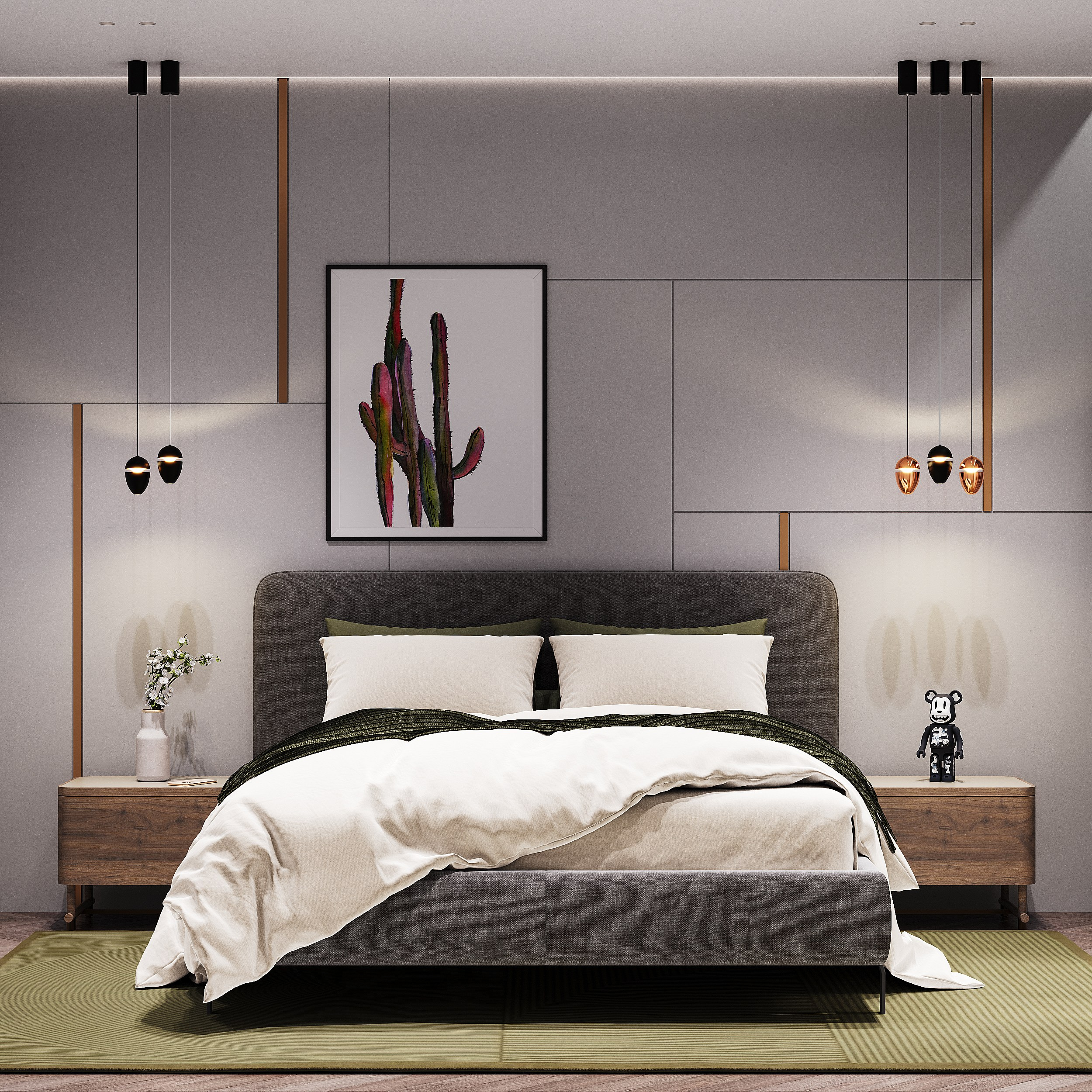 Фронтальная визуализация вида кровати в современной спальне, с серым изголовьем и зелёным пледом